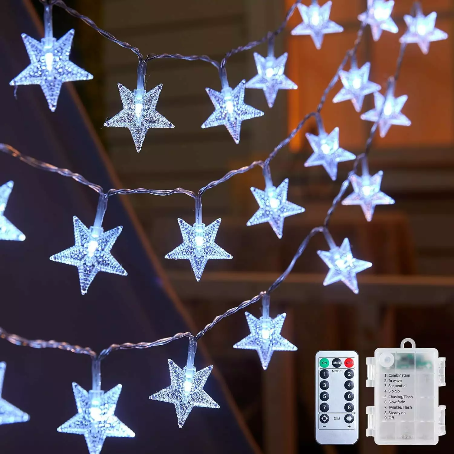 17 ft 50 LED Star String Lights Remote and Timer Indoor and Outdoor Decor (White) LJT