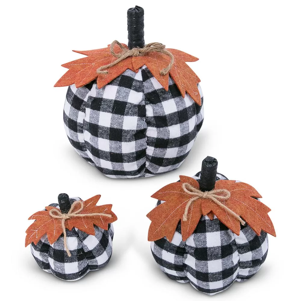 Gerson 10 Inch Black and White Plaid Pumpkins Harvest Decor Set 3