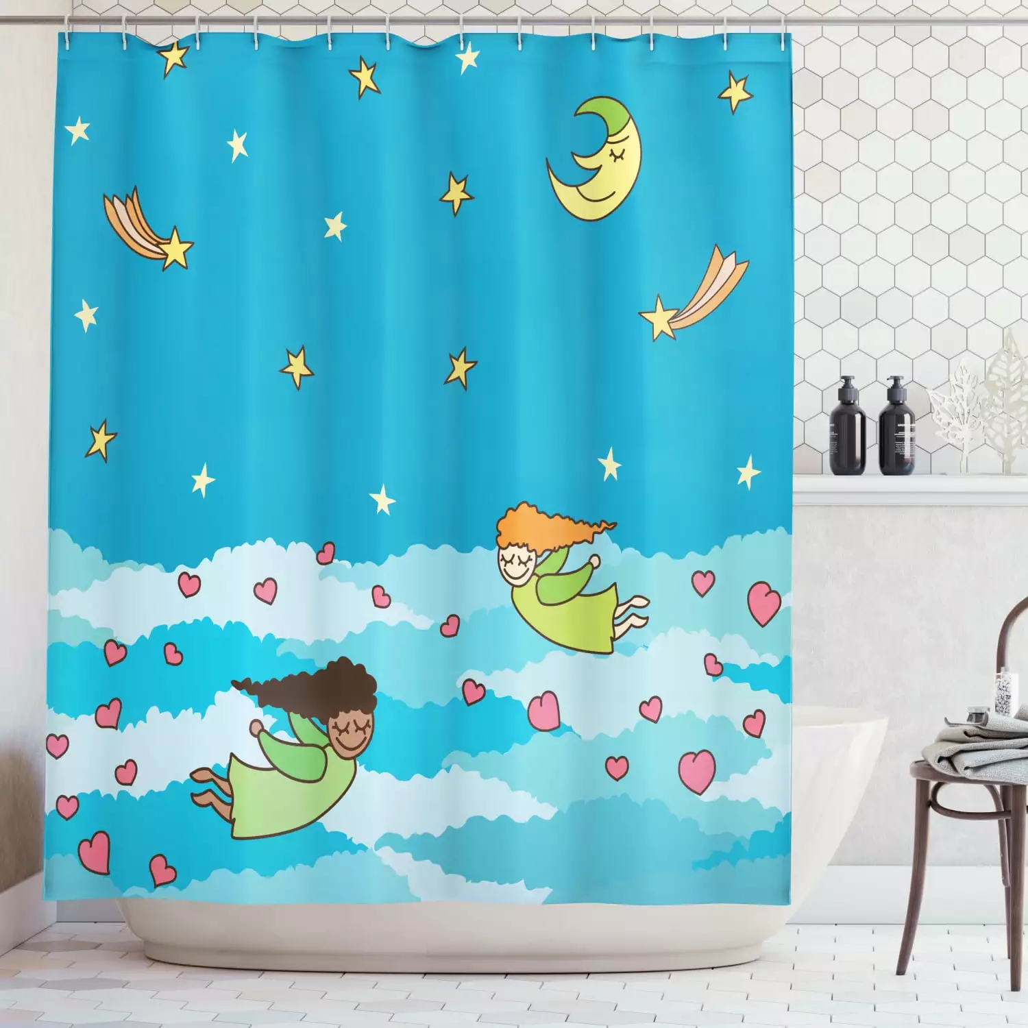 Angel Wings Shower Curtain Kids Flying Clouds Moon Valentines Fabric Bathroom Set 69x70 Inches Ambesonne