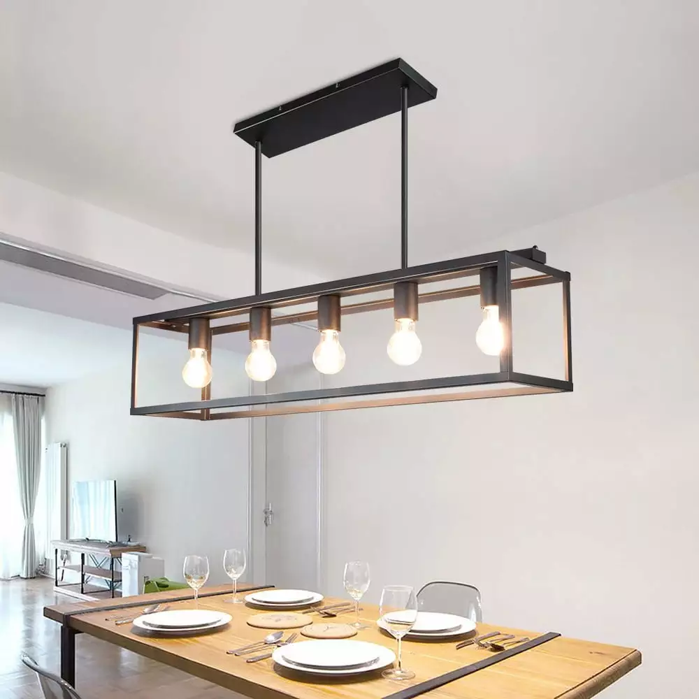Depuley 5 Light Farmhouse Pendant Light Fixture Rectangular Metal Cage Kitchen Island Pendant Light Black Chandelier Ceili...