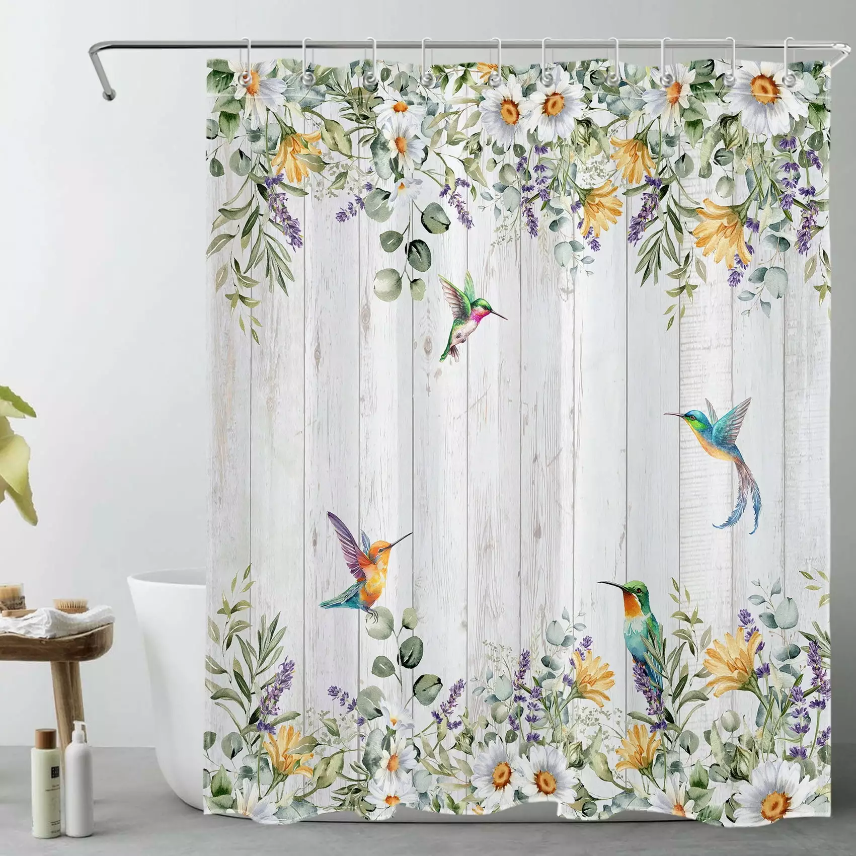HVEST Farmhoutilize Vintage Shower Curtain Colorful Hummingbird Flower Sage Green Leaf Rustic Grey Wood Bathroom Decor 60x...
