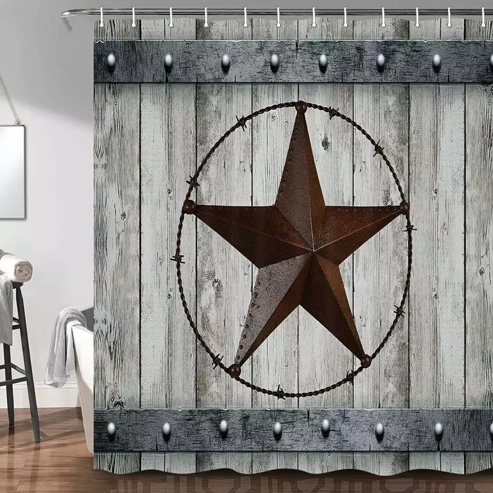 Rustic Barn Door Shower Curtain Set - Southwestern Gray Wood Western Star Bathroom Decor 72x72in Uokiuki
