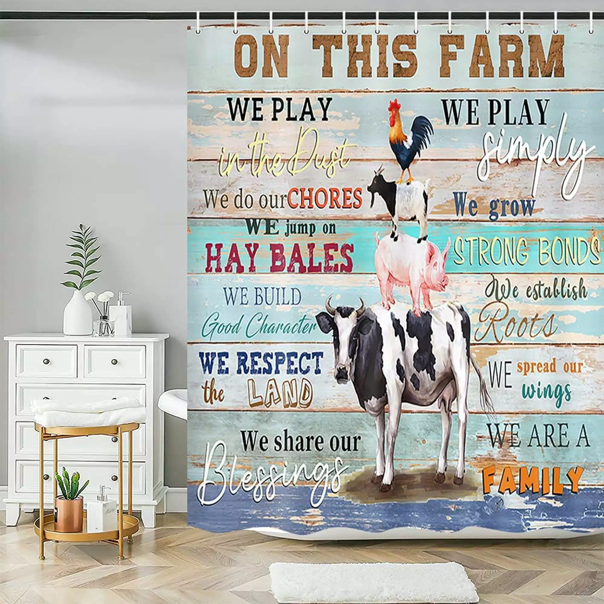 Rustic Farmhouse Shower Curtain - Cute Funny Farm Animals Cow Chicken Pig Country Barn Bathroom Decor 72x72in Wathon