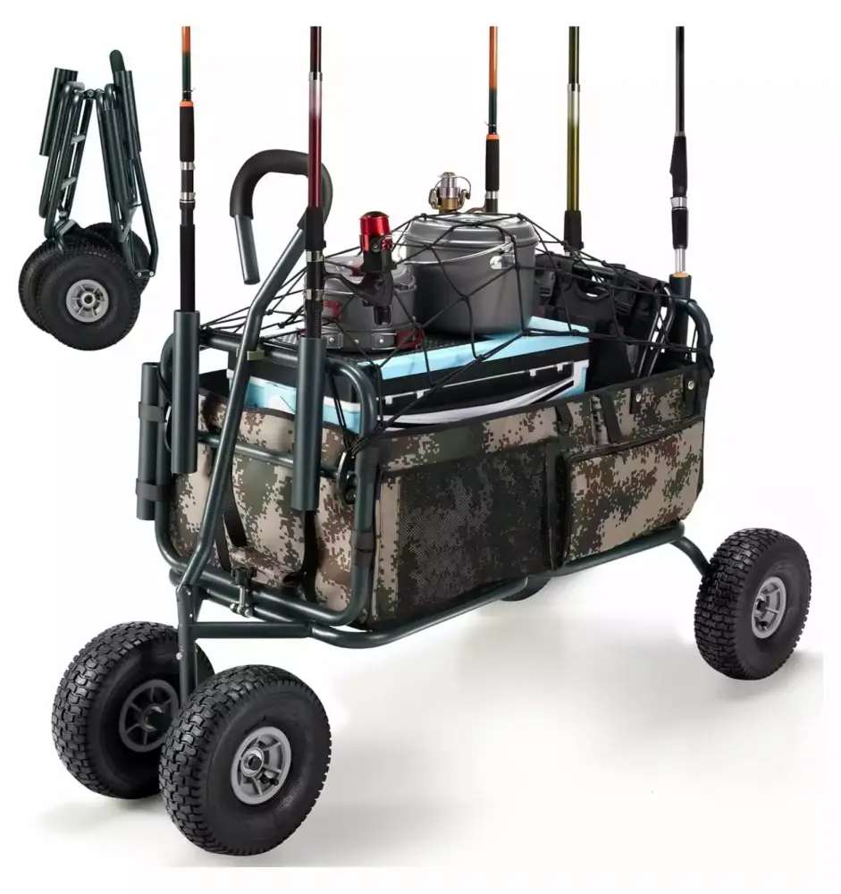 JYUii Fishing Cart 550lbs Beach Wagon 5 Rod Holders Umbrella Holder and Cargo Net Camouflage