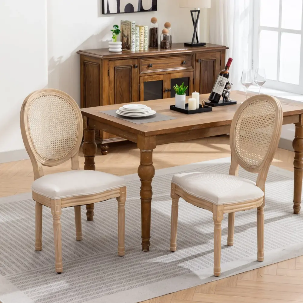 French Style Solid Wood Frame Antique Painting Fabric Rattan Back Dining Chair adjust 2)