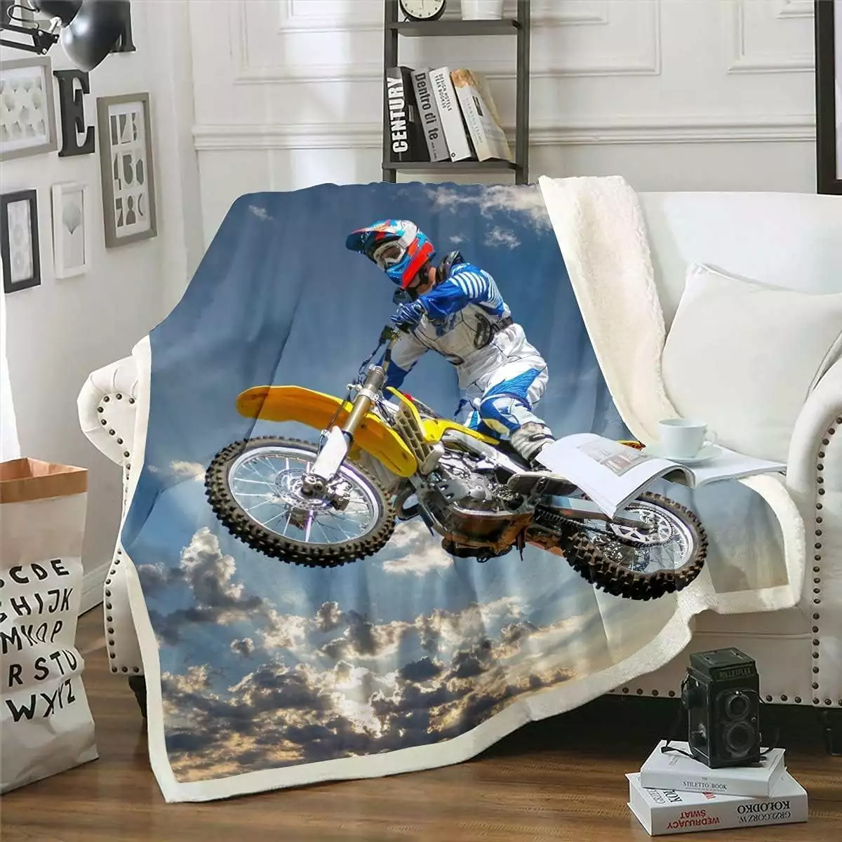 TRAHOO 60x50 Motocross Printed Fleece Blanket 3D Cycling Model Soft Warm