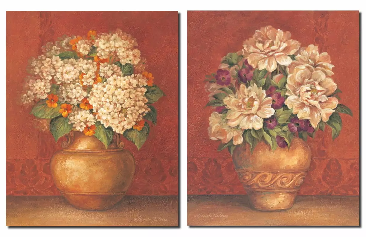 Tuscan Peonies and Hydrangeas Retro Flower Bouquets Greek Vases - Two 8x10 Poster Prints Gango Home Decor