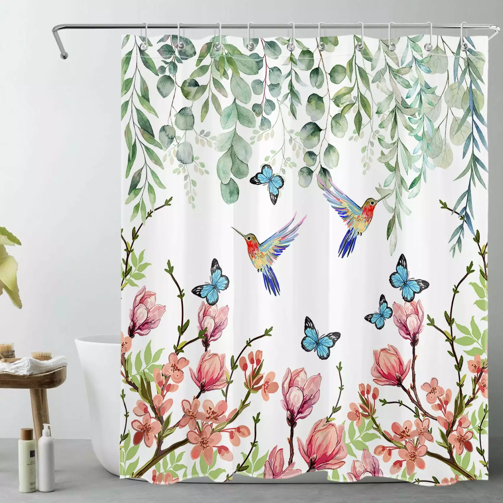 HVEST Spring Pink Floral Shower Curtain Blue Butterfly Hummingbird 60x72 inches