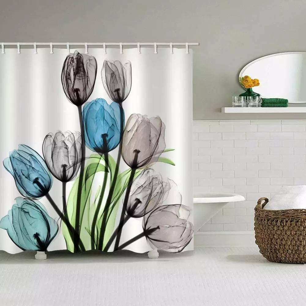 winolive Blue Flowers Tulip Polyester Shower Curtain Set 71x71 Inch Machine Washable