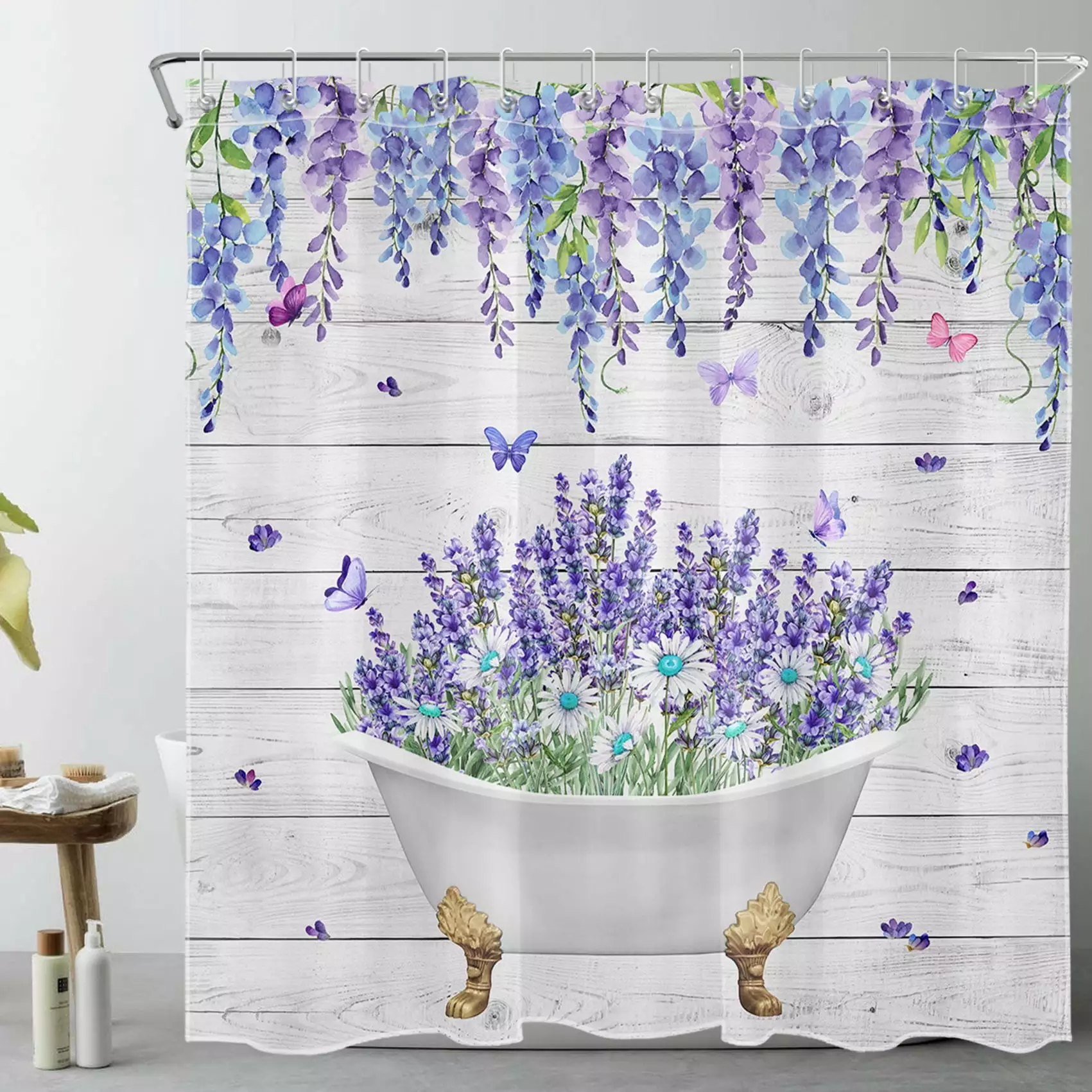 Butterfly and Floral Shower Curtain White Daisy Purple Lavender Eucalyptus Leaf Green Plant Fabric Bathroom Set Hooks Farm...