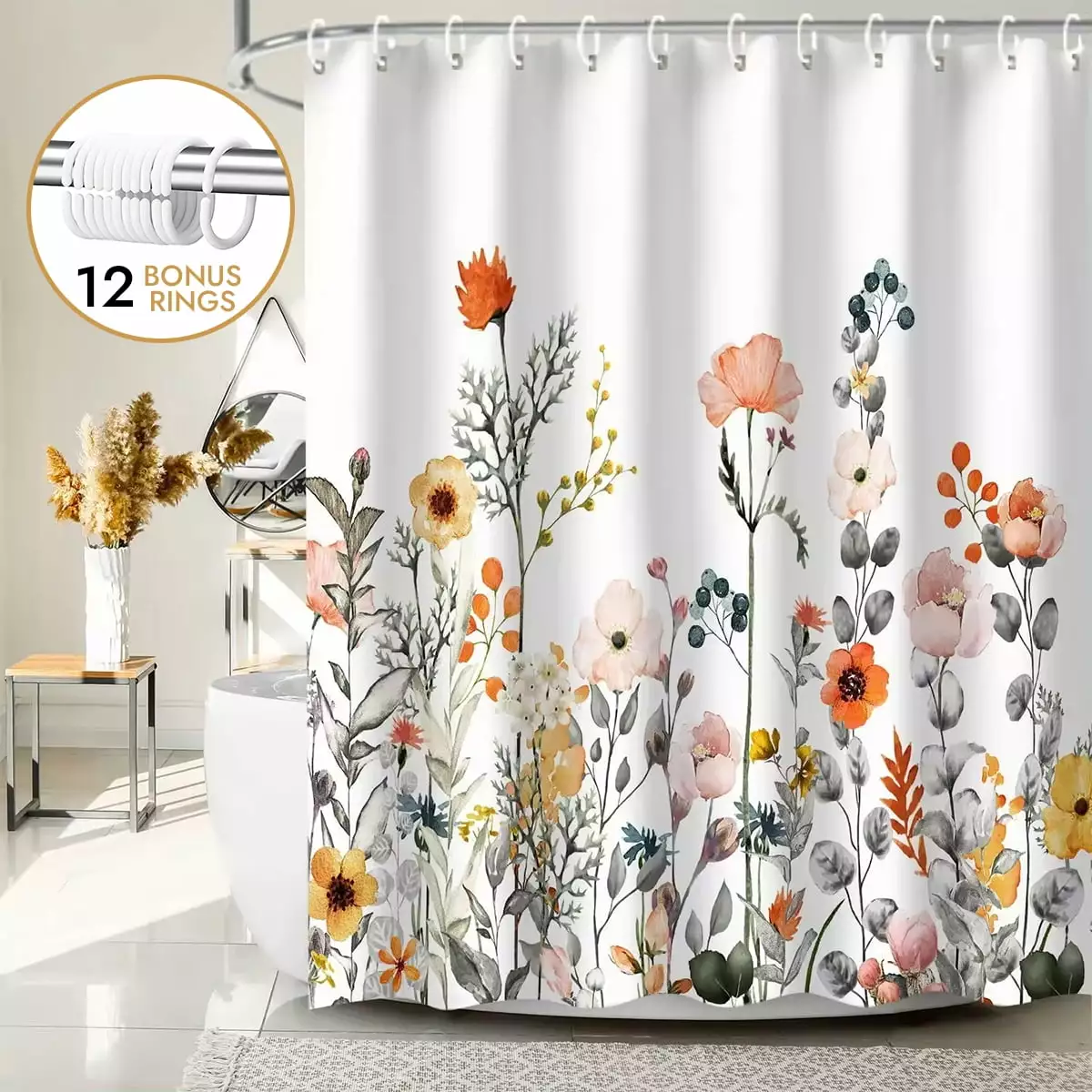 Bevtee Floral Fabric Shower Curtain Colorful Wildflower Flowered Bathroom Decor 12 Hooks 72 x 72