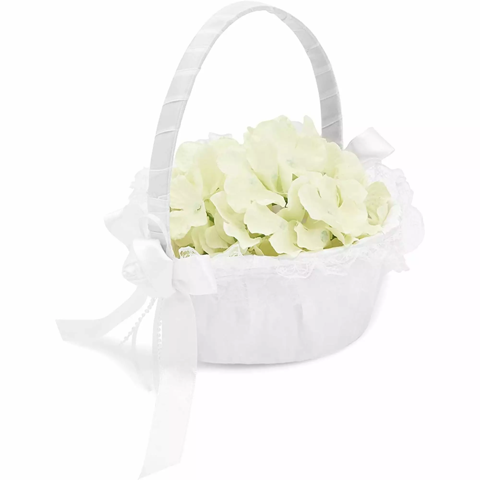 White Flower Girl Basket Heart-Shaped Lace and Bows 6.2 x 8.7 x 7 Sparkle and Bash