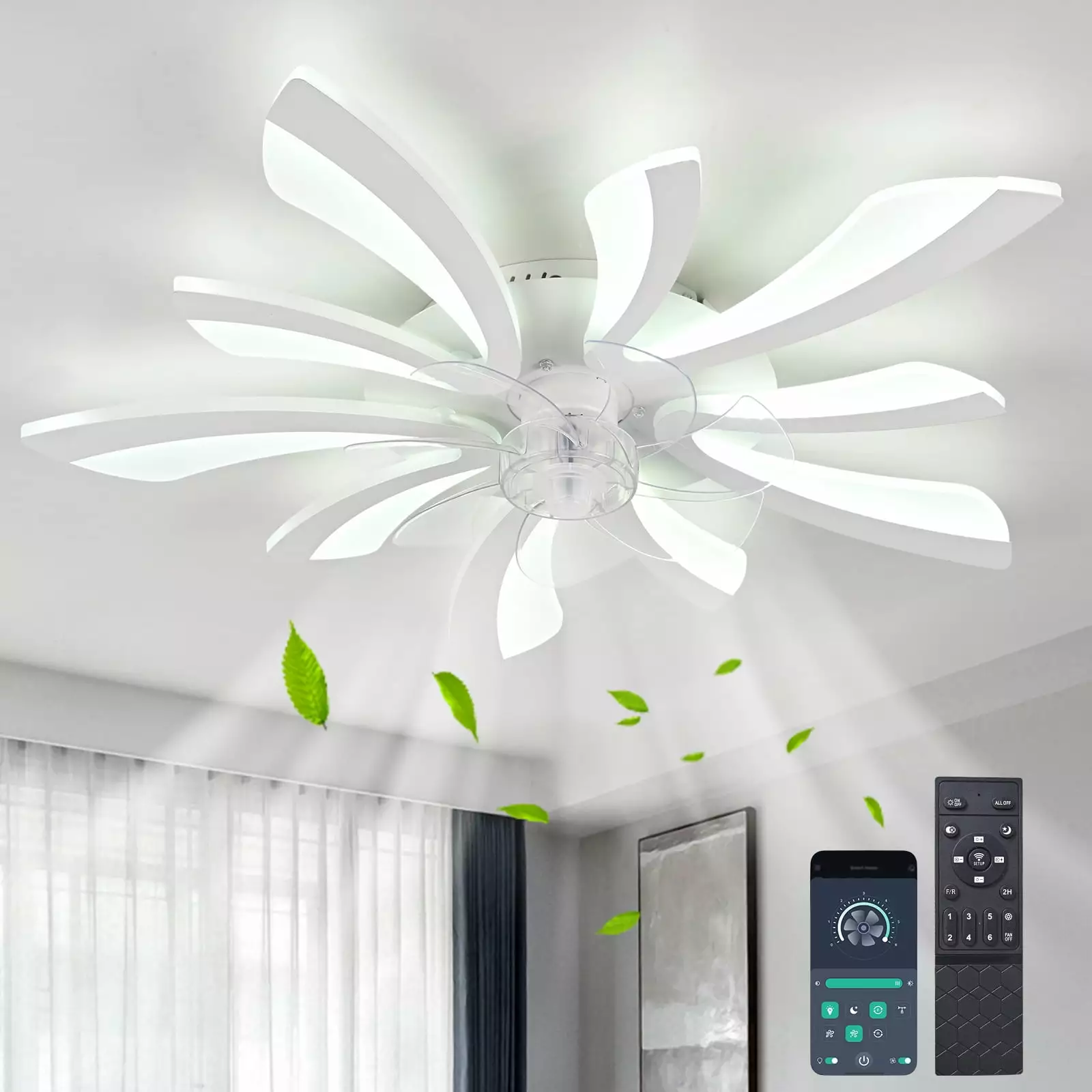 Garwarm Modern Low Profile Ceiling Fan Lights Remote Control 6 Speed Flush Mount Bedroom White