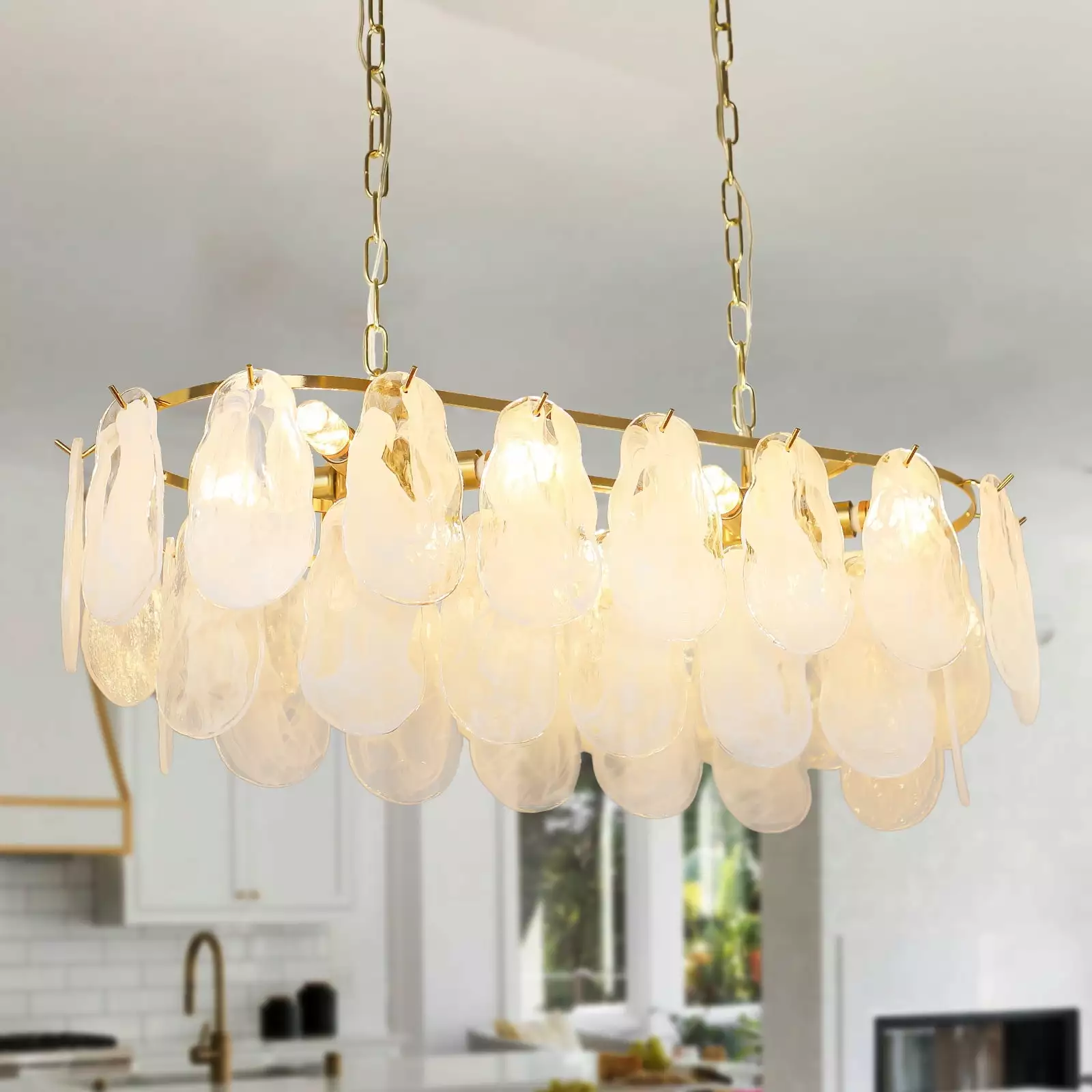 Depuley 8 Light Shell Crystal Chandelier Modern Flush Mount Ceiling Light Rectangular Glass Coastal Pendant Fixture