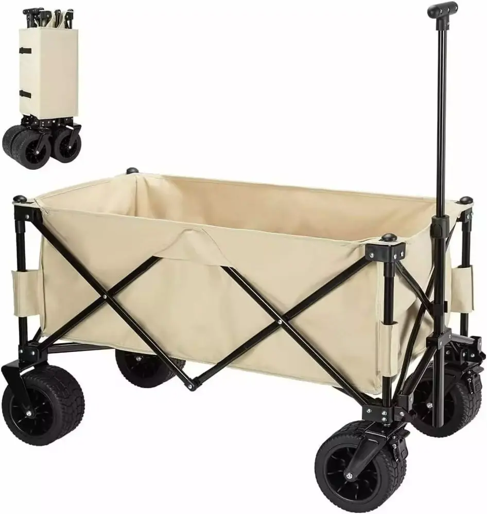Simzone Beige Collapsible Wagon Cart Capacity Beach Wagon Heavy Duty Folding Wagon All-Terrain Wheels Travel-friendly Outd...