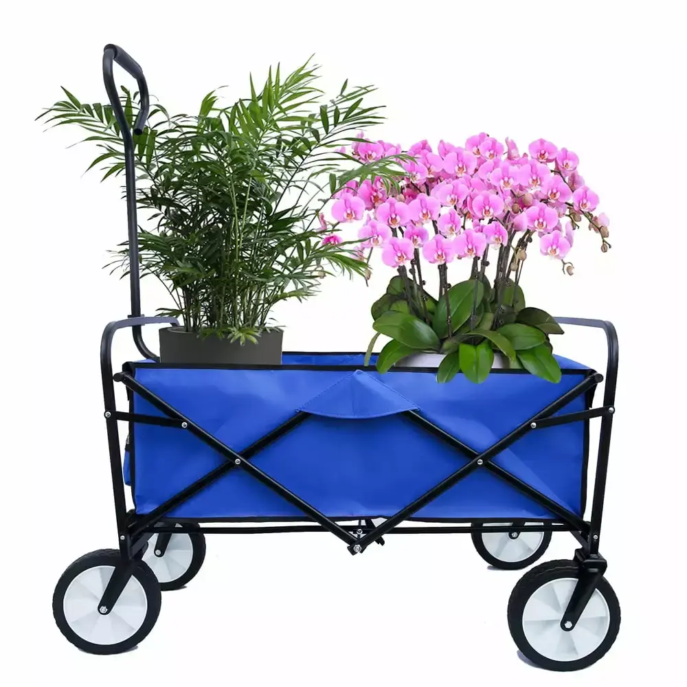 Folding Wagon Cart Adjustable Handles Cup Holders Shopping Camping Beach Blue