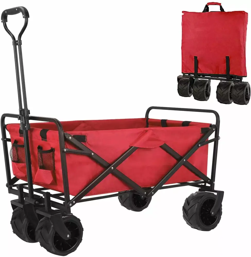 BAHOM Folding Collapsible Outdoor Utility Wagon Cart Heavy Duty Garden Cart All-Terrain Wheels and Carrying Bag Red
