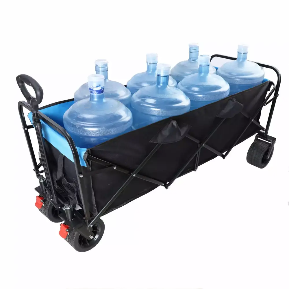 Big Large Capacity Black and Blue Folding Wagon Cart Extra Long Extender Garden Shopping and Beach