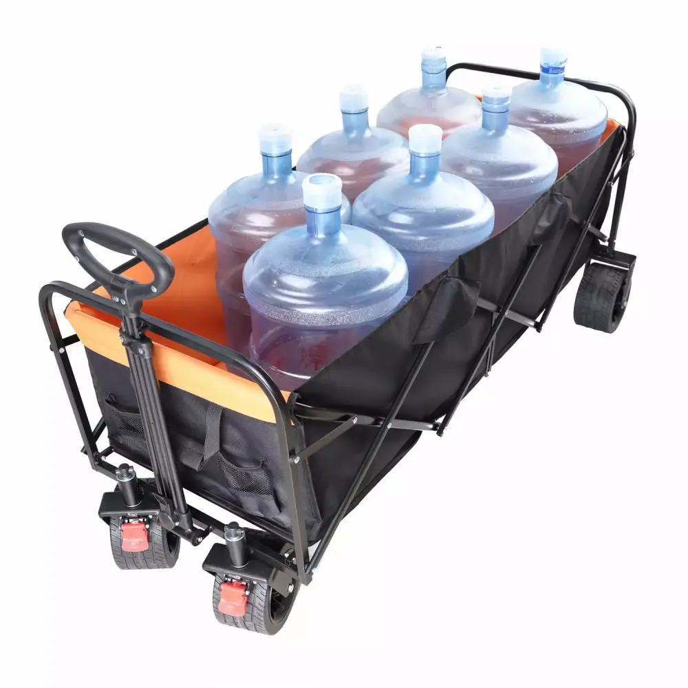 Big Large Capacity Black and Orange Folding Wagon Cart Extra Long Extender Garden Shopping and Beach