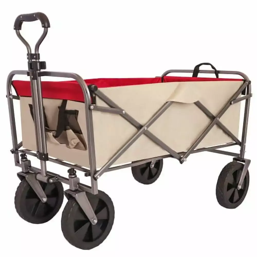 Foldable Wagon Cart Heavy Duty Large Capacity Adjustable Handle Side Pockets Camping Shopping Garden Beige