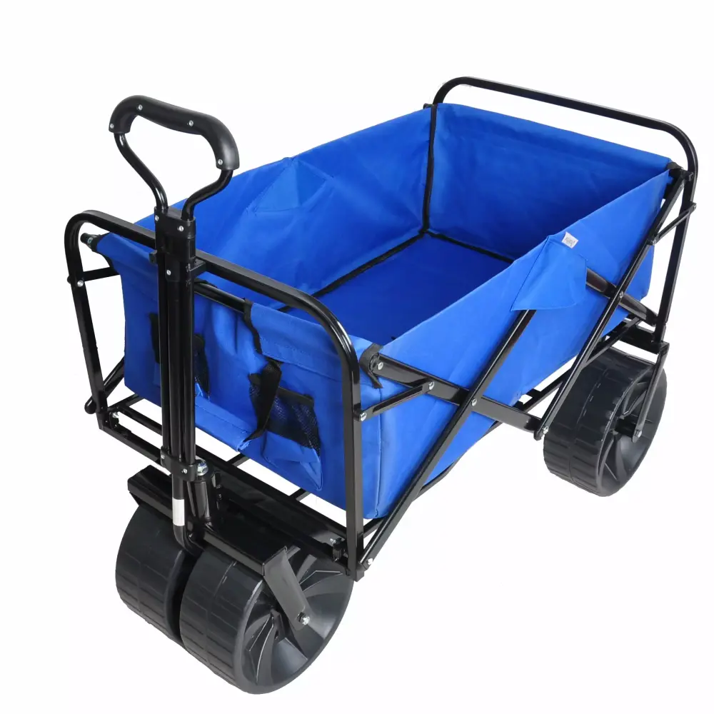 Folding Wagon Garden Shopping Beach Cart Blue - Heavy Duty Collapsible Utility Cart All-Terrain Wheels Blue
