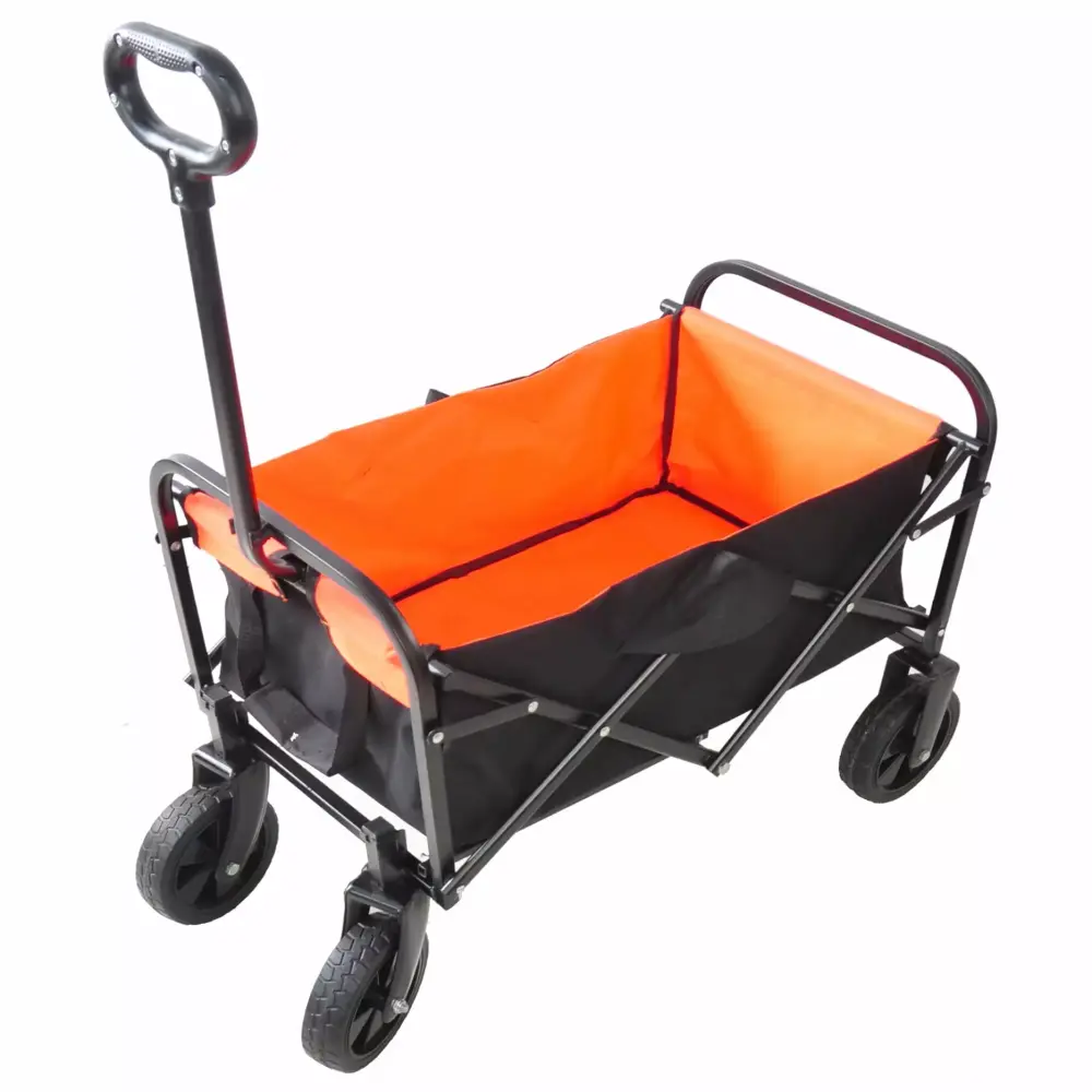 Mini Wagon Cart Big Wheels and Brakes Adjustable Handle Beach Garden Camping Black Orange Metal