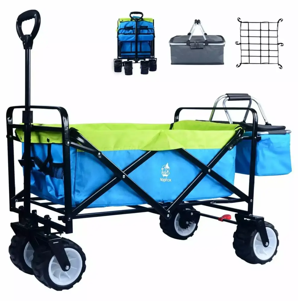 ZiaZbYinY Collapsible Wagon Foldable Grocery Cart on Wheels Beach Wagon Cooler Bag Cup Holders Cargo Net Blue Green With