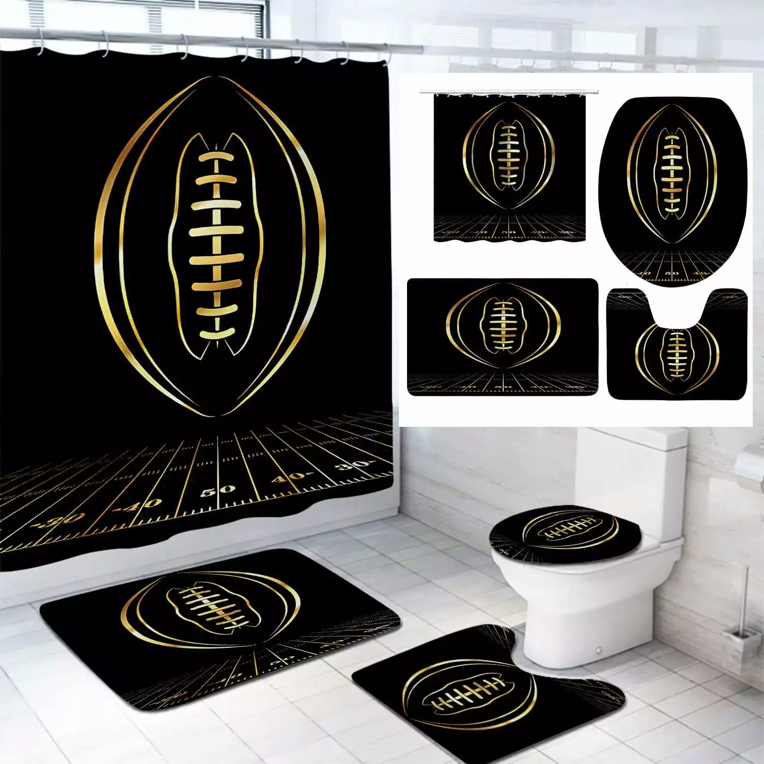 4PCS Fantasy Burning American Football Fabric Shower Curtain Set Rugby Sport Theme Bathroom Decor Boys AOUPVAY