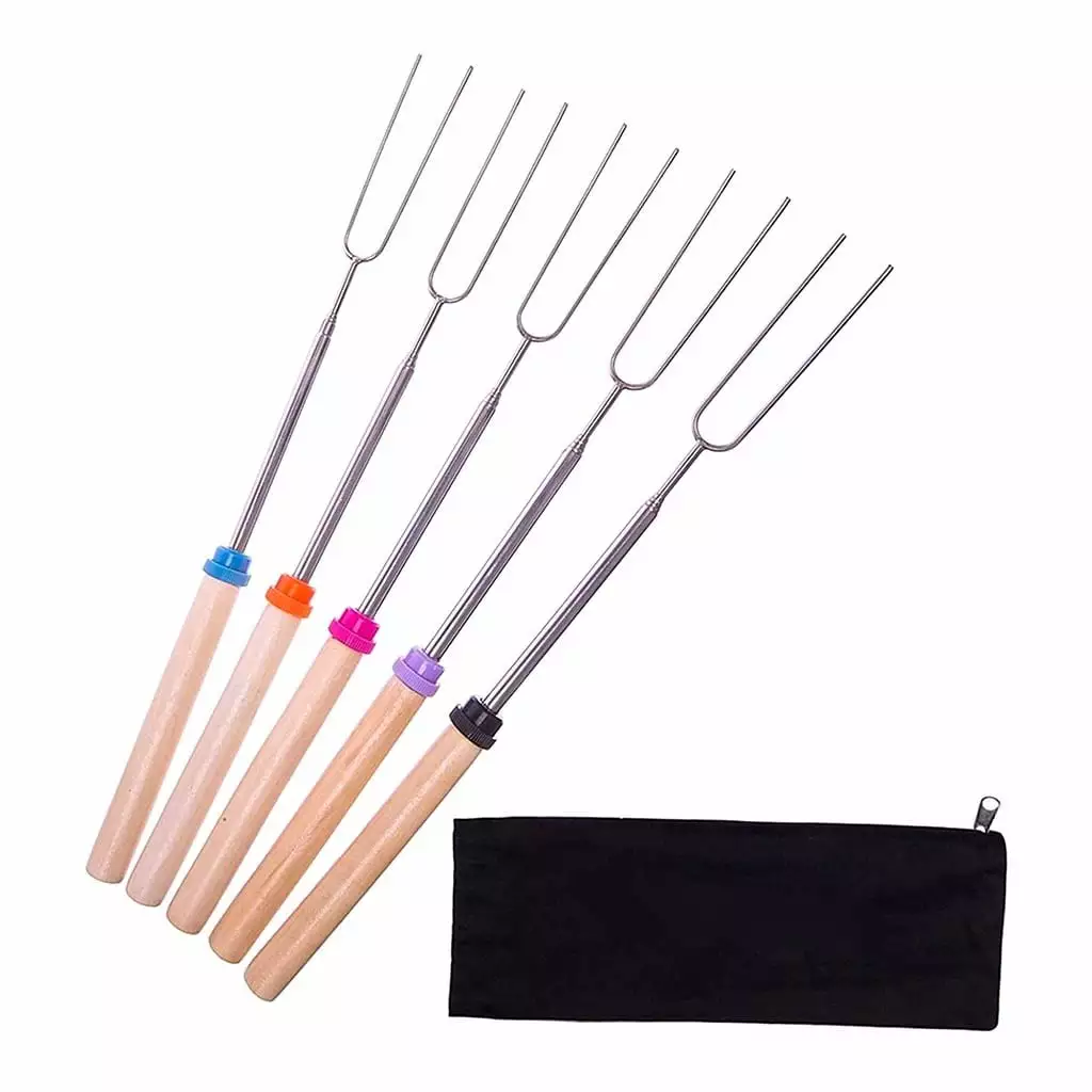 VerPetridure BBQ Fork Telescopic U-Shaped Wooden Handle BBQ Stick 5Pcs
