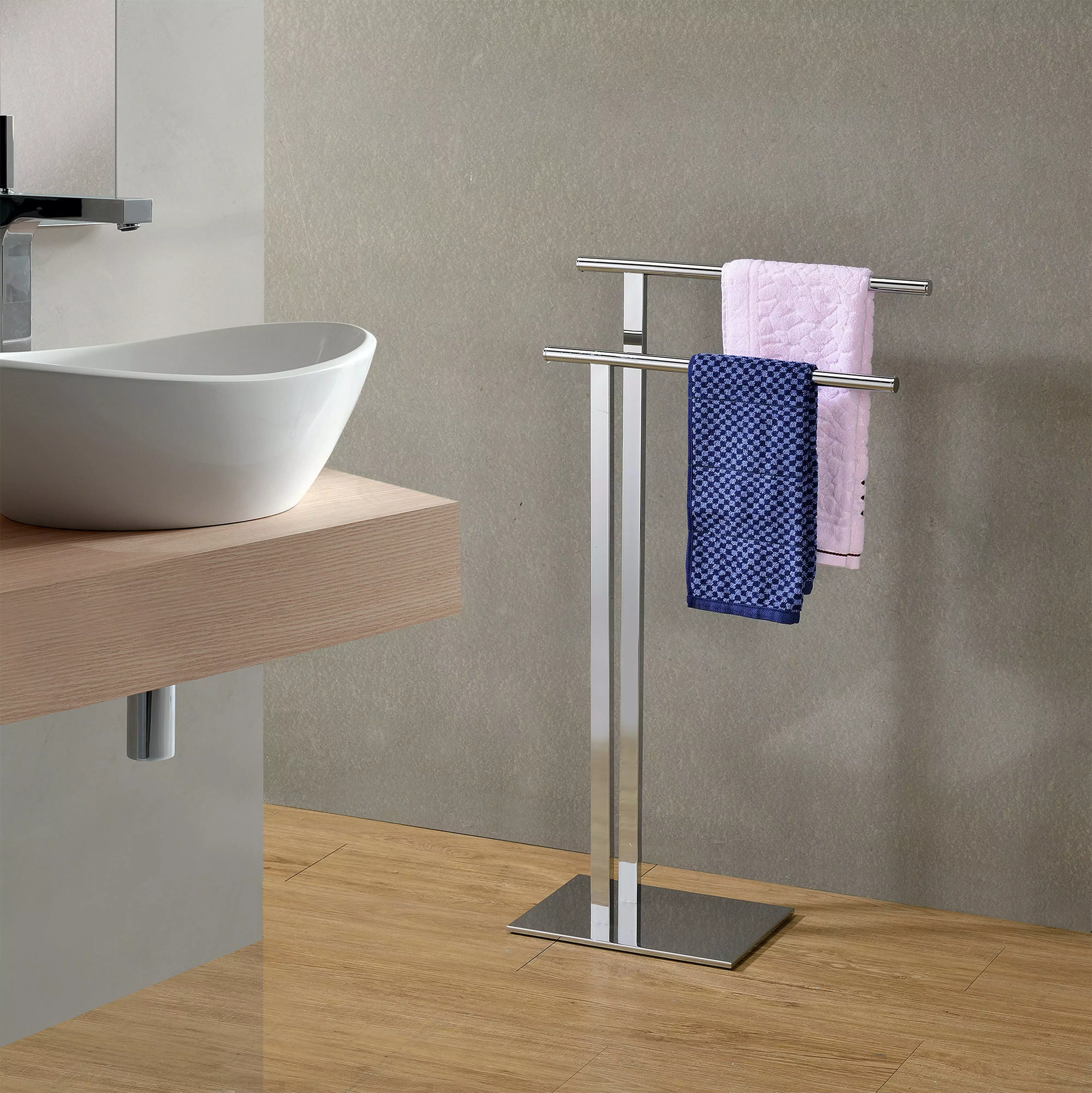 Schlesinger Stainless Steel Freestanding Bathroom Towel Rack Two Bars Pilaster Designs