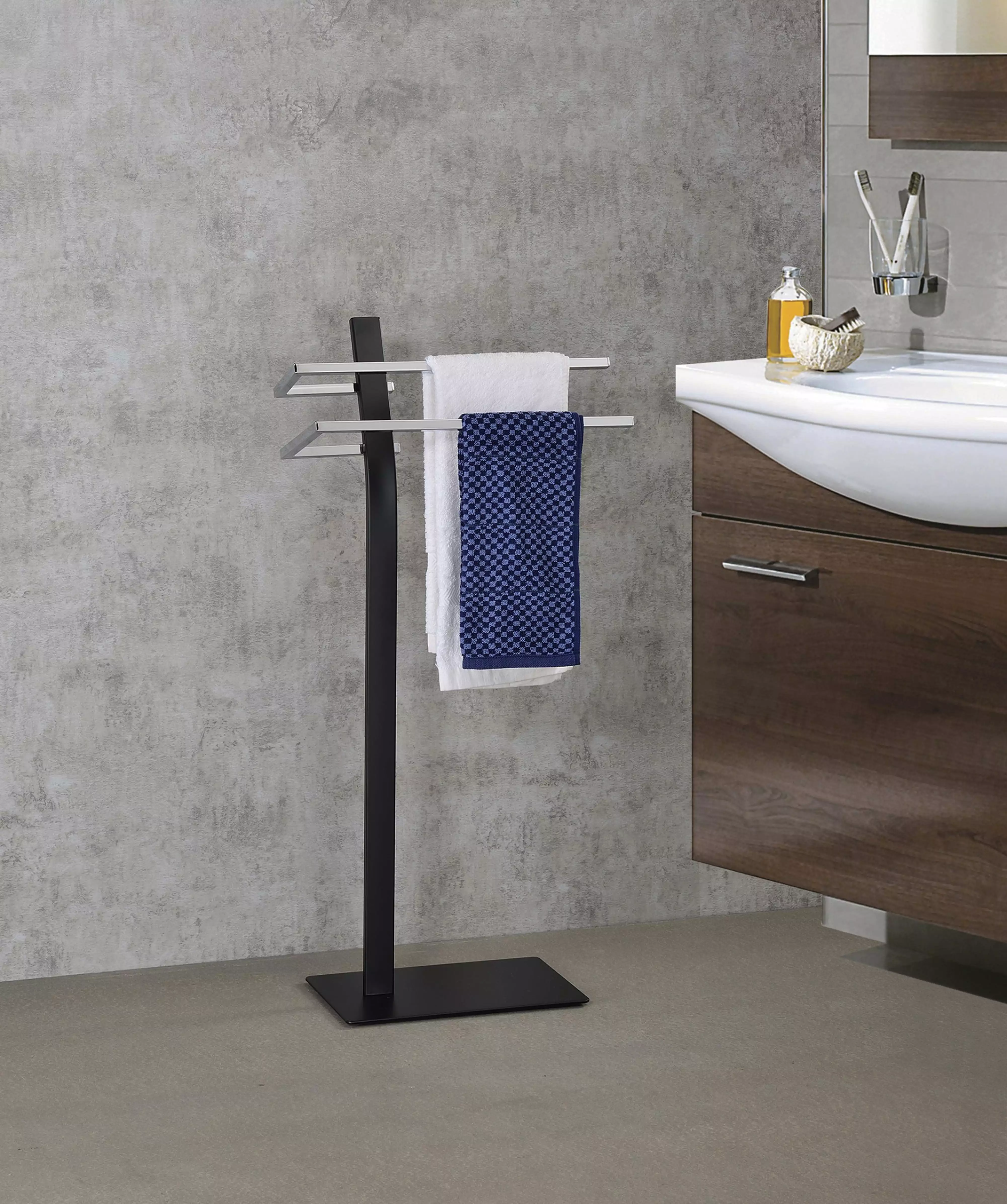 Skipper Freestanding Bathroom Towel Rack Two Bars Black & Chrome Pilaster Designs