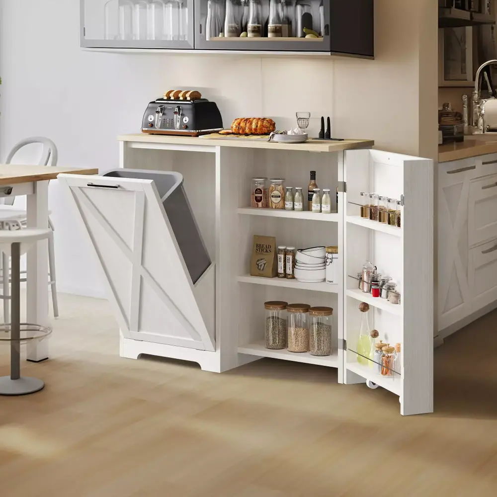 Dextrus Kitchen Tilt Out Trash Can Cabinet Power Outlet 13 Gallon Freestanding Adjustable Shelf White