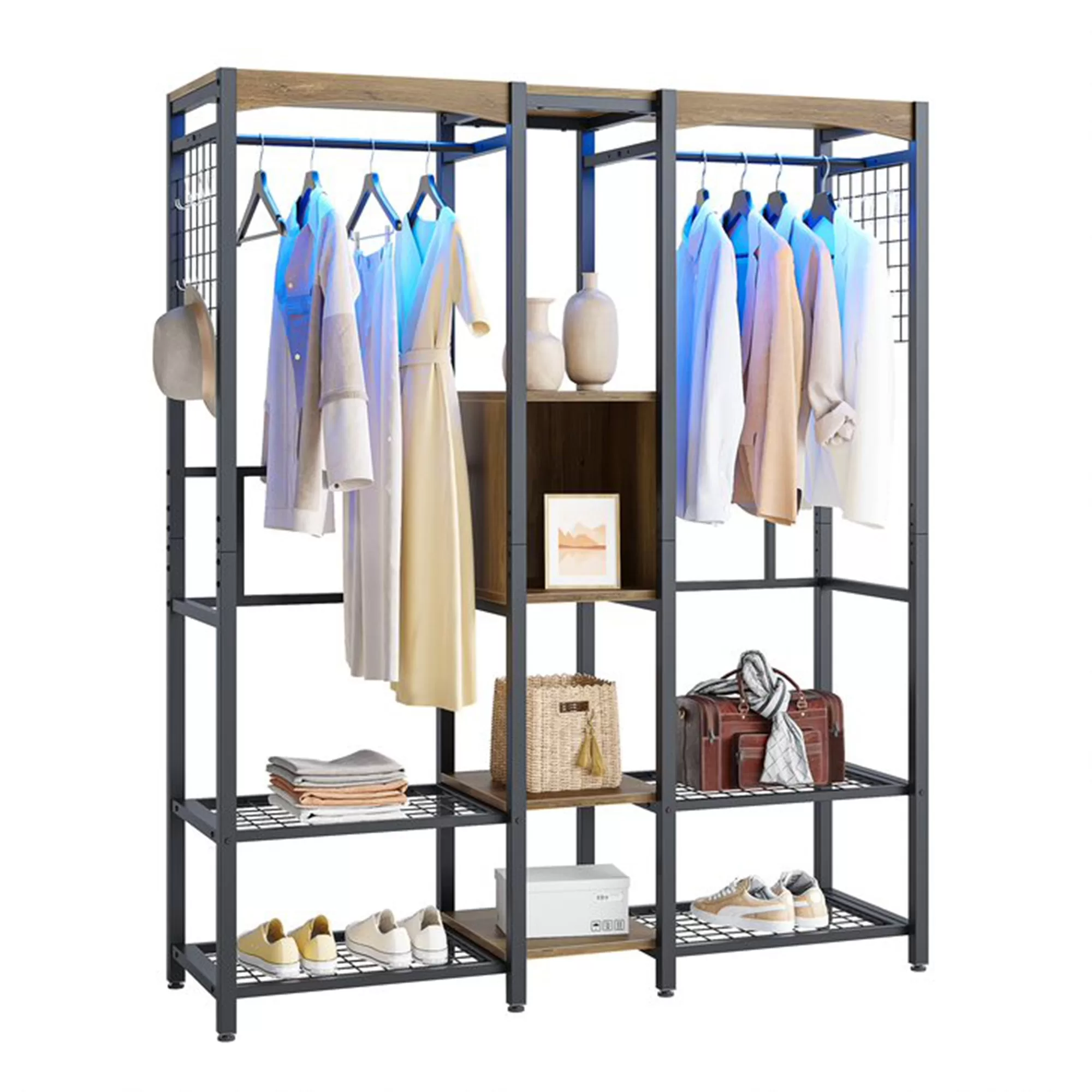 Bestier Metal Freestand Wardrobe Wood Shelves and Color Changing Lights, Oak