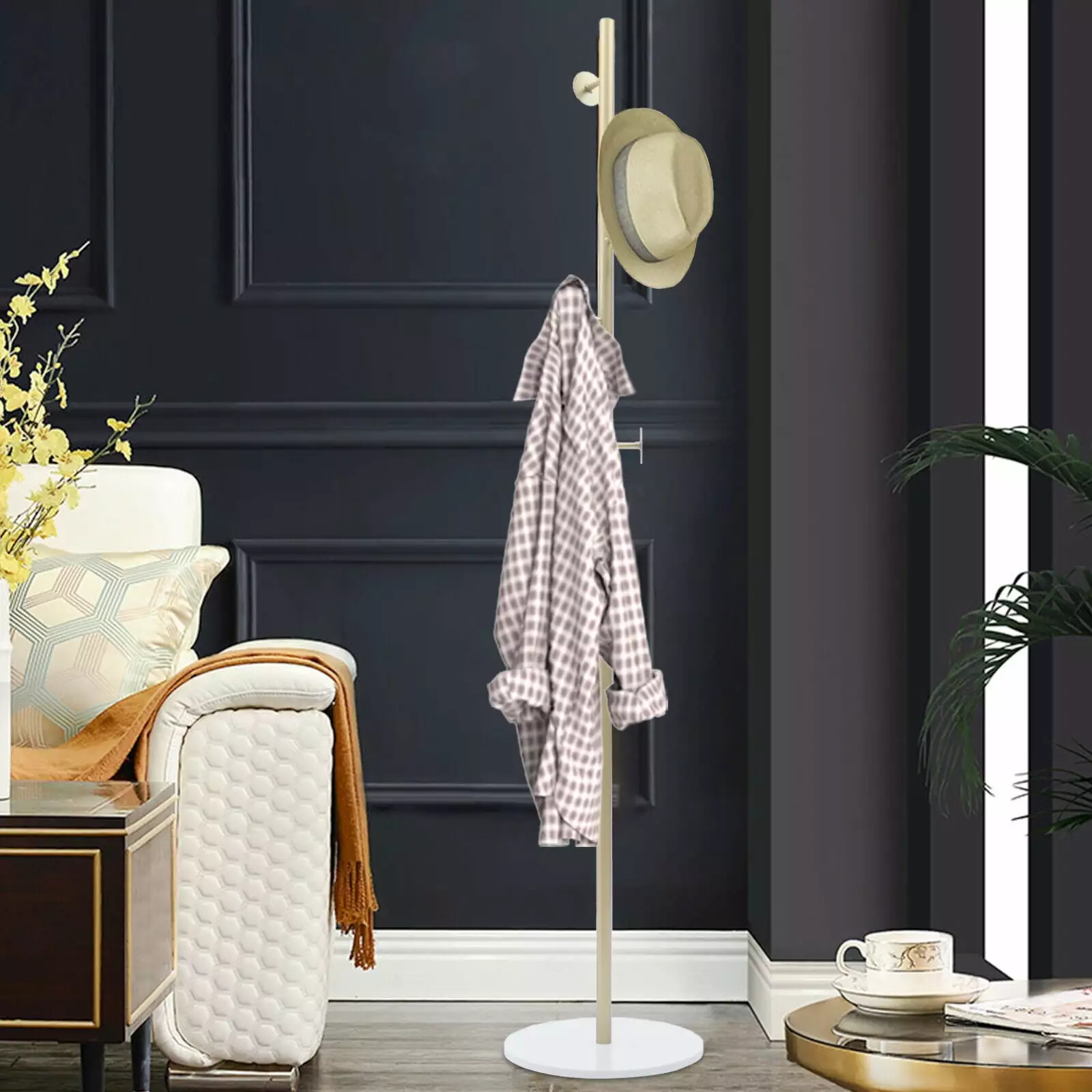 Miumaeov Retro Golden Metal Coat Rack Hat Hangers Stable Round Marble Base 8 Hooks Home