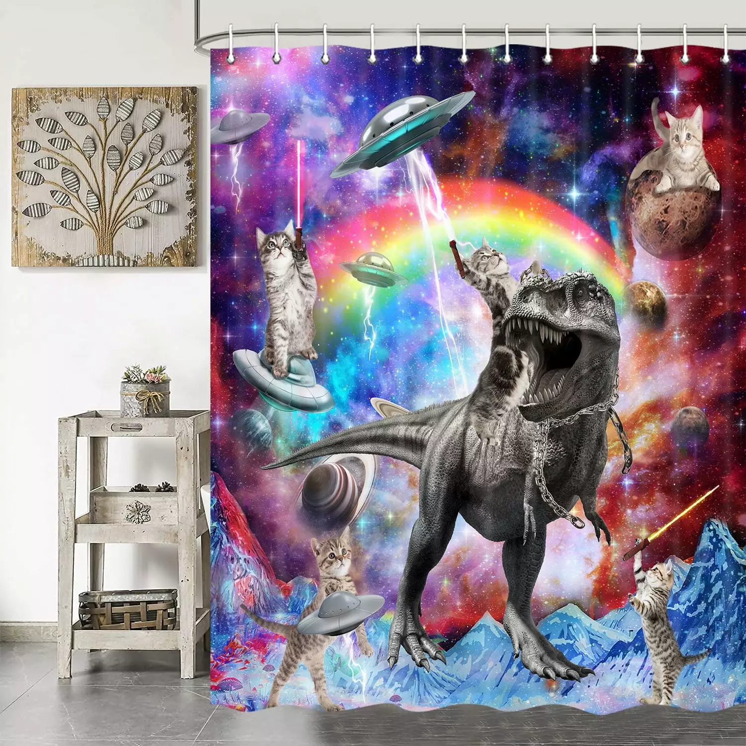 Funny Cat Shower Curtain Kids Cat Riding Dinosaur Galaxy Design 70x70 Outer Space Theme Drgilau