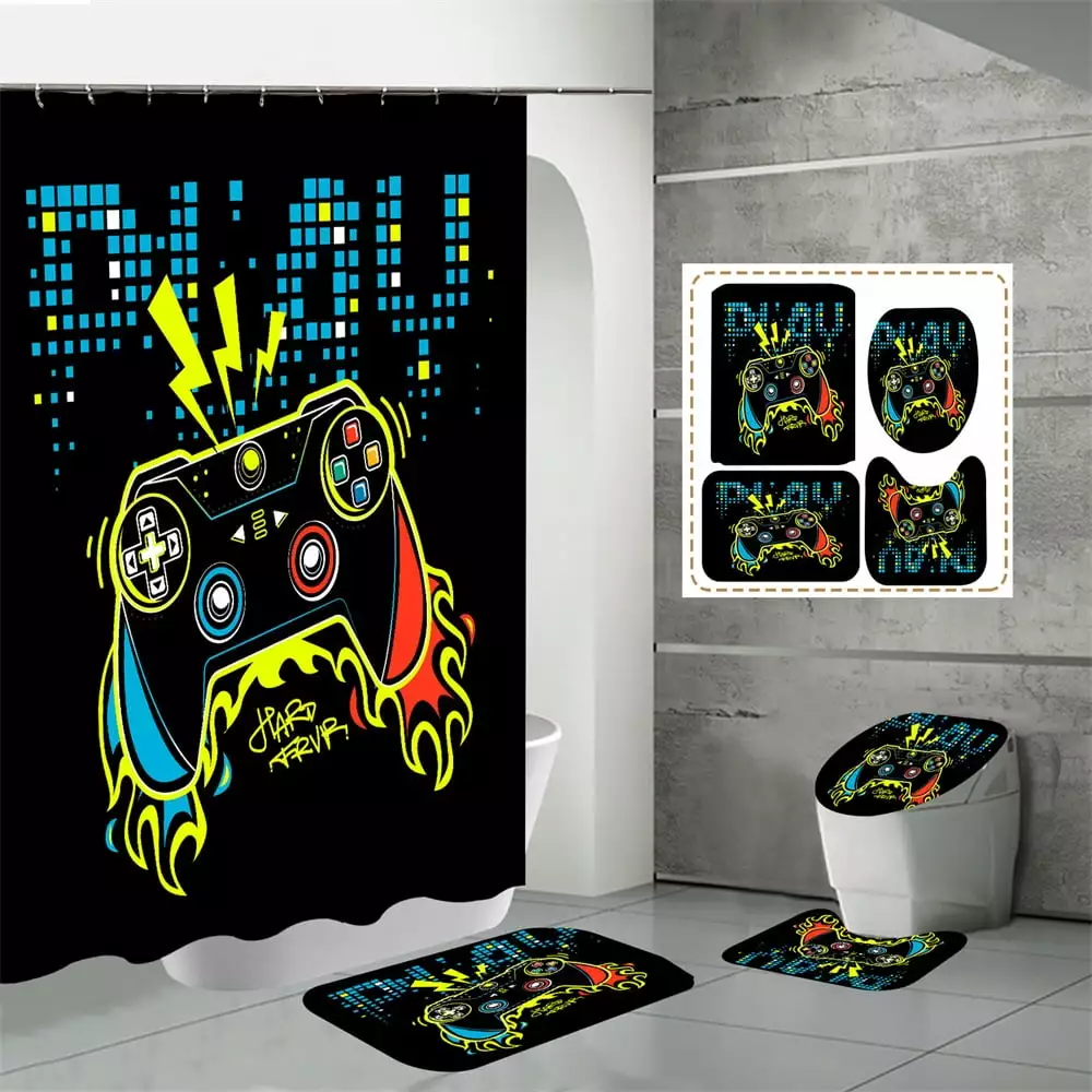 4 PCS Gaming Shower Curtain Set Boys Kids Teens Bathroom Decor Gamepad Controller Design Waterproof Fabric and Hooks Aimlata