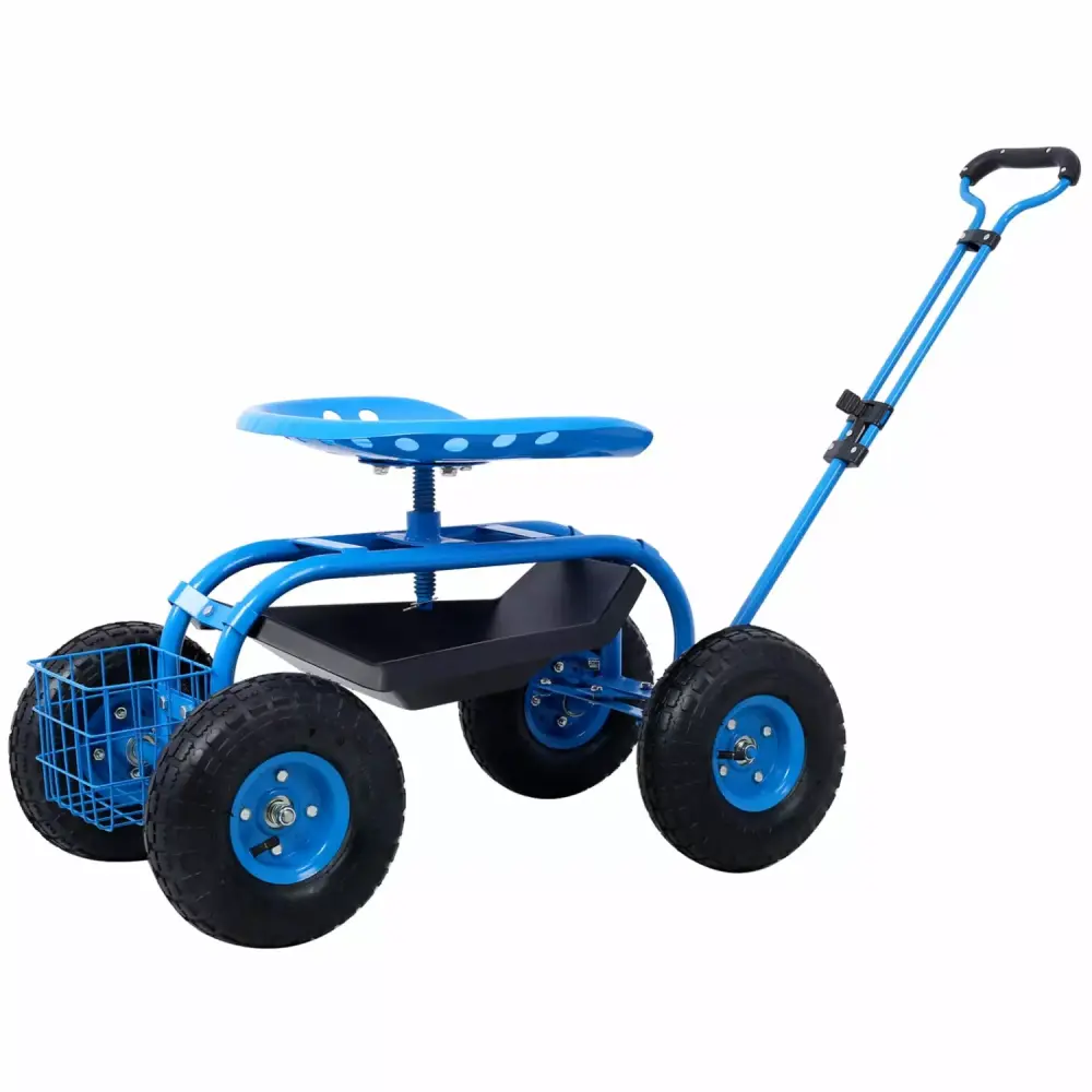 imerelez Blue Rolling Garden Scooter Cart Wheels and Tool Tray 360 Swivel Seat Easy Gardening