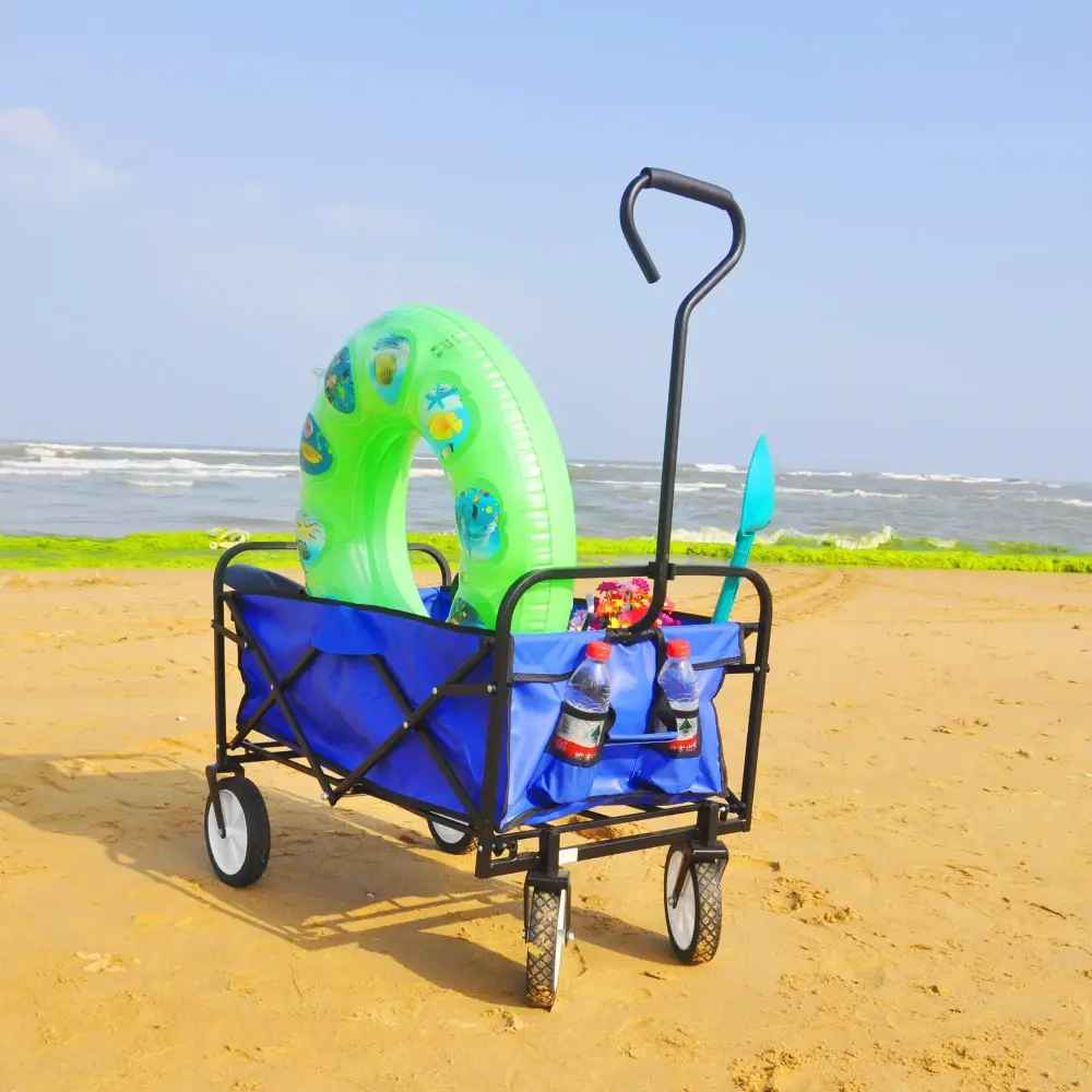 Outdoor Large Collapsible Garden Cart Folding Wagon Utility Carts Wheels Beach Cart Large Capacity Blue L