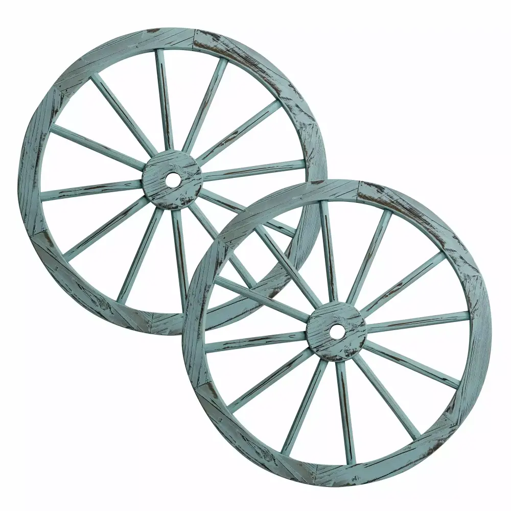Patio Premier 24 Wooden Wagon Wheel Turquoise Wash - Set 2 Decorative Outdoor Use
