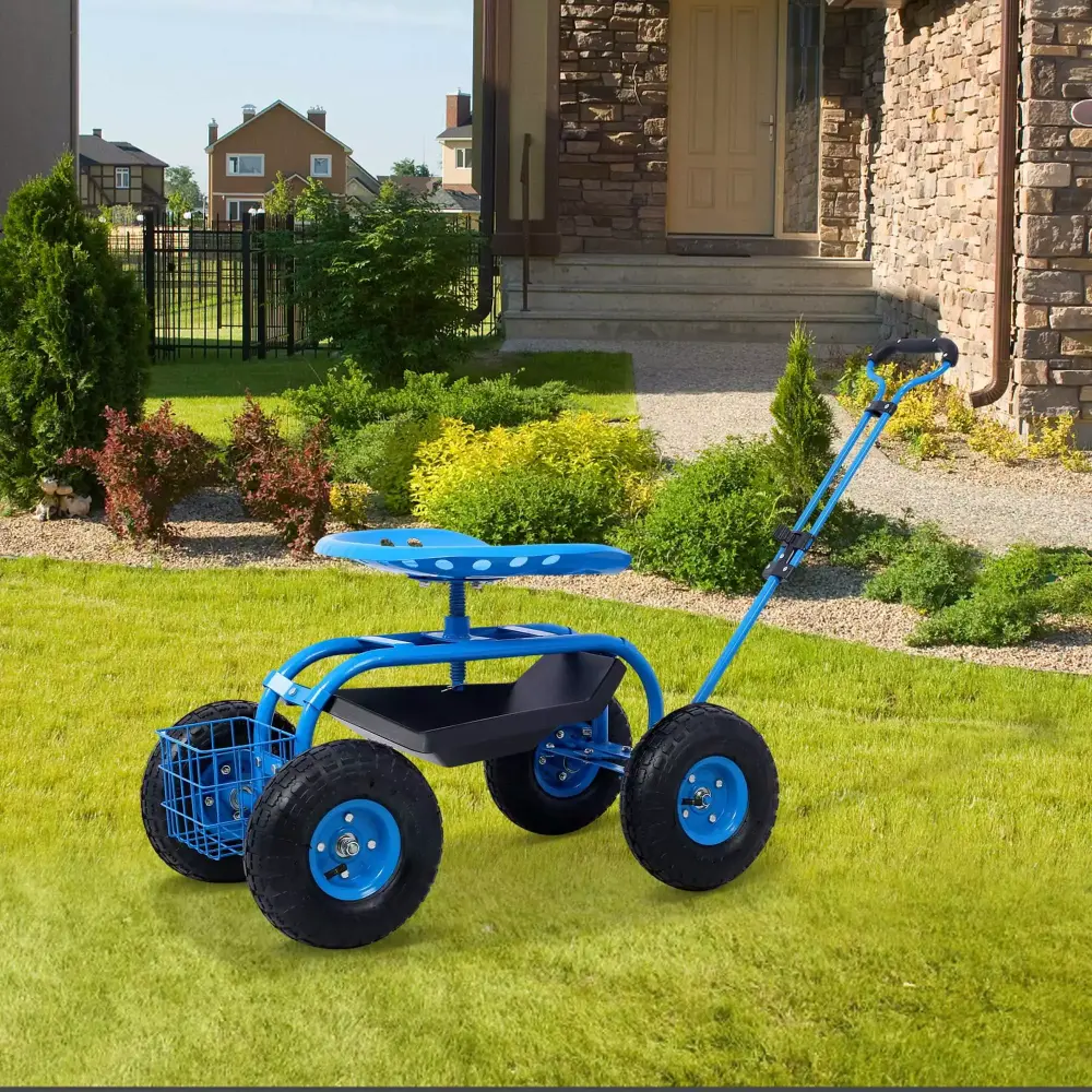 Aukfa Rolling Garden Cart Scooter Swivel Seat Wheels and Tool Tray Blue