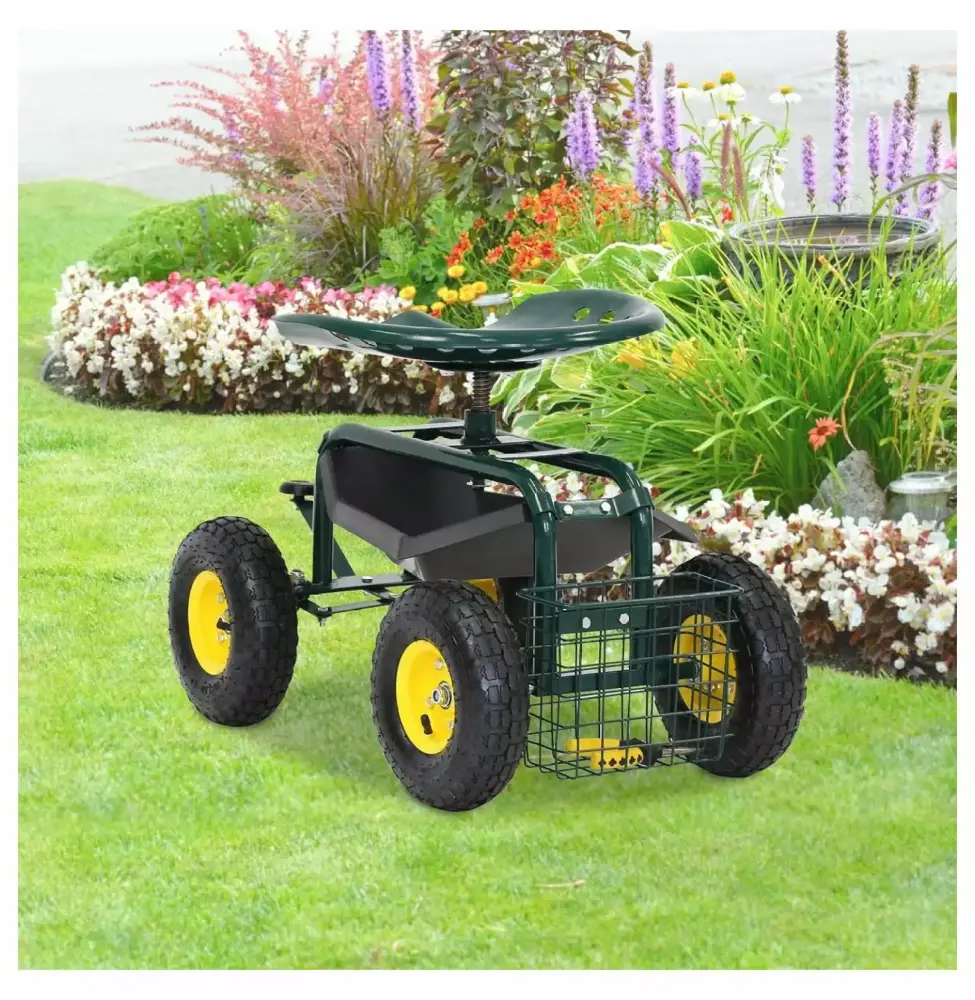 Heavy Duty Garden Cart 360 Swivel Seat Wheels and Extendable Handle Green