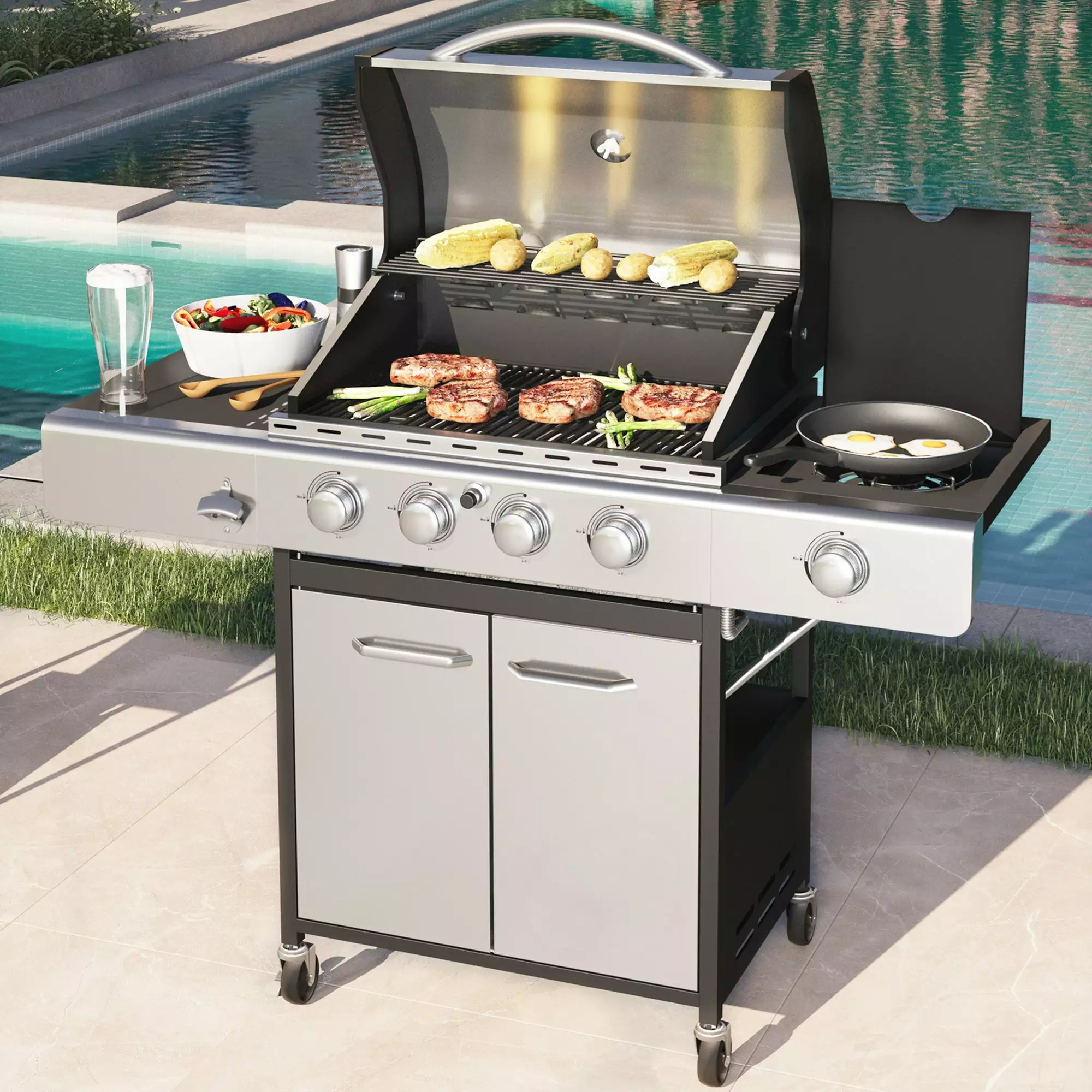 Sophia & William Stainless Steel 4-Burner Propane Gas Grill Side Burner