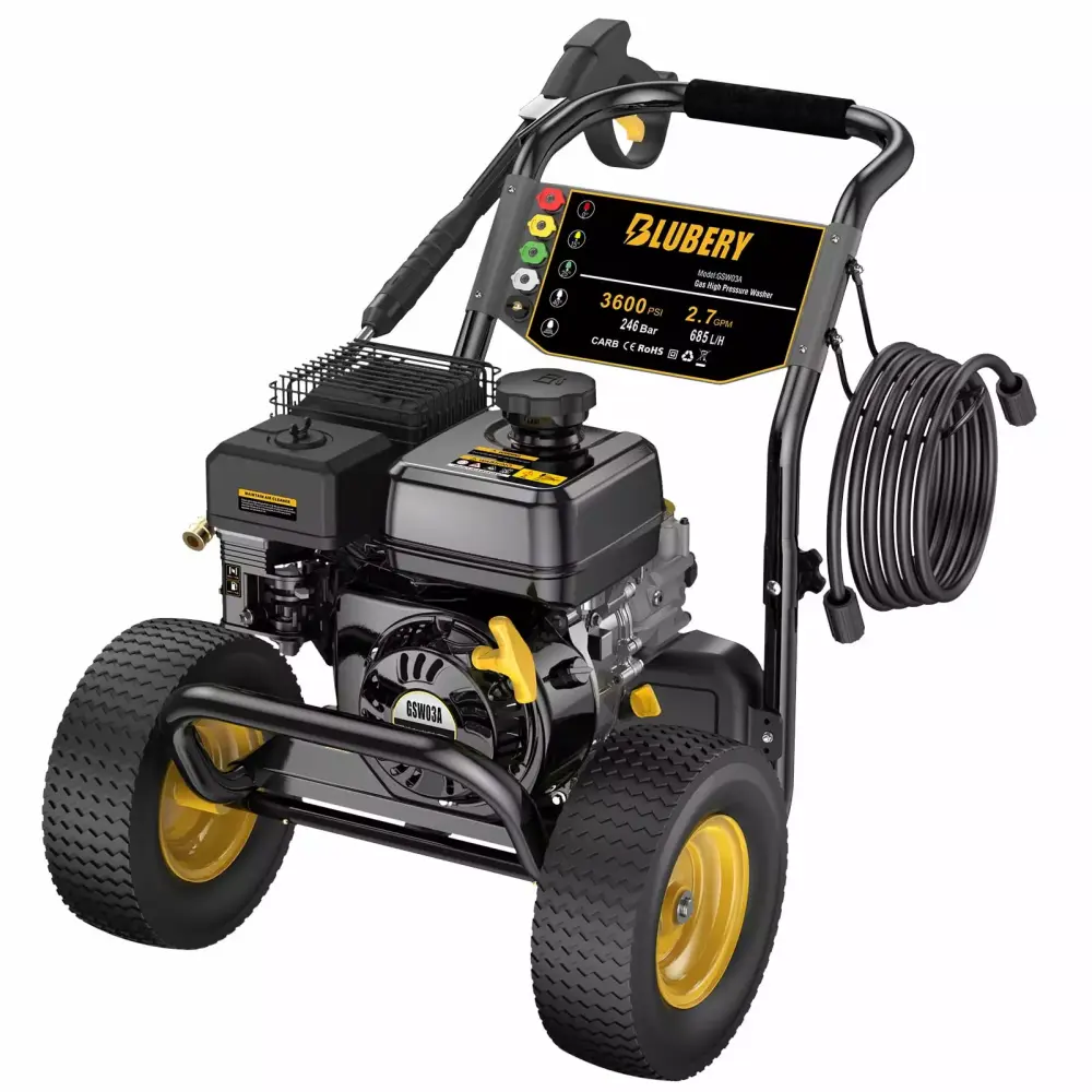 BLUBERY 3600 PSI Gas Pressure Washer 2.7 GPM Heavy Duty 30FT Hose Soap Tank 5 Nozzles Black
