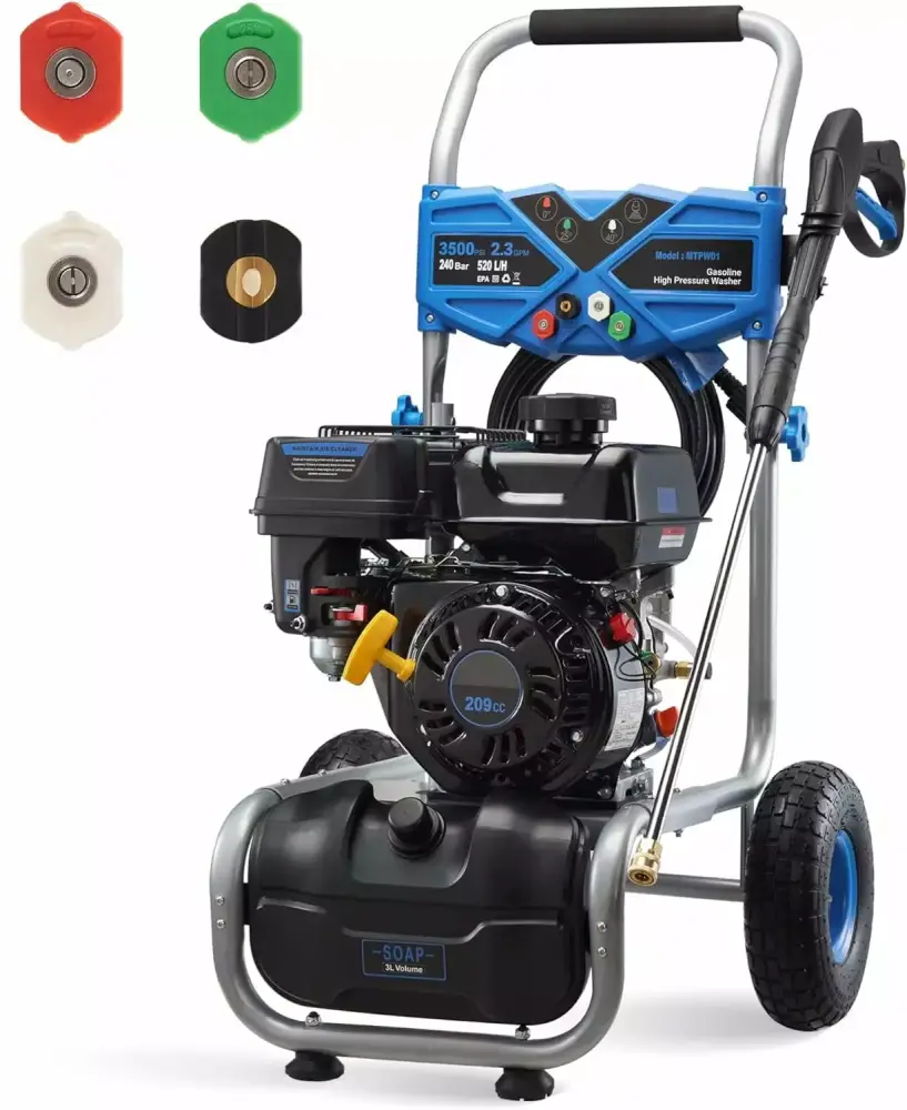 Efurden 3500PSI Gas Pressure Washer 2.3GPM 209CC Engine 4 Nozzles Walls Vehicles Gardens Blue