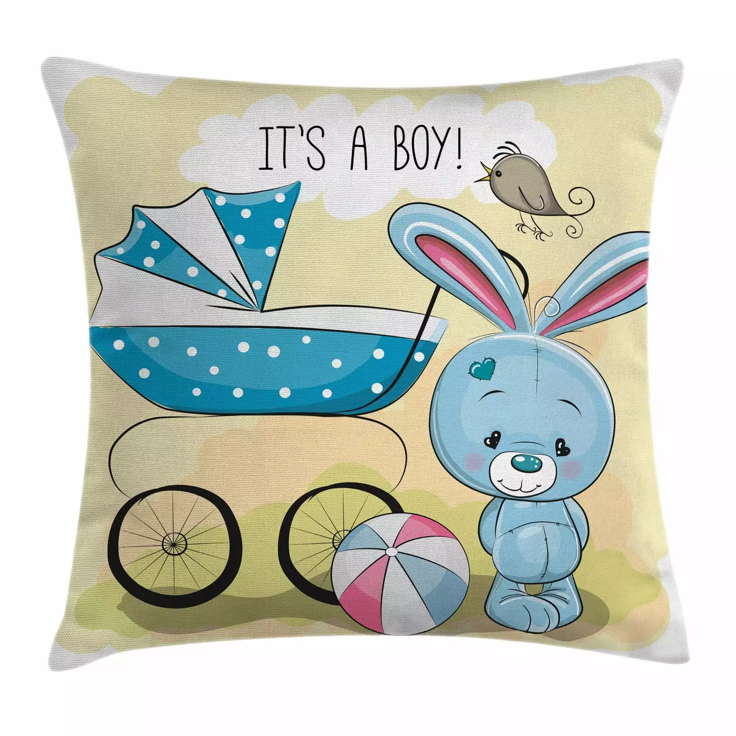 Gender Reveal Decorations Throw Pillow Cushion Cover Cute Bunny Baby Carriage Design 16x16 Inches Ambesonne