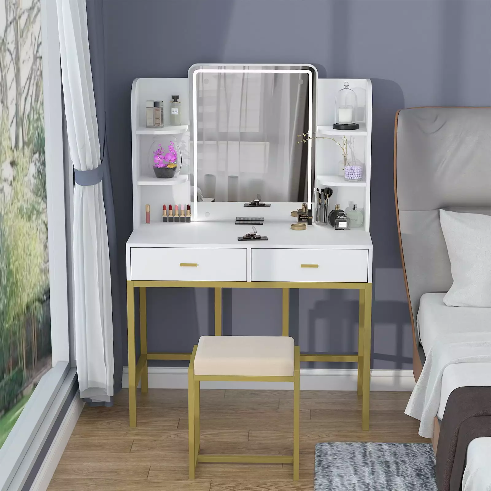 TZUTOGETHER Vanity Set Lighted Mirror Makeup Dressing Table Cushioned Stool 6 Storage Shelves 2 Drawers