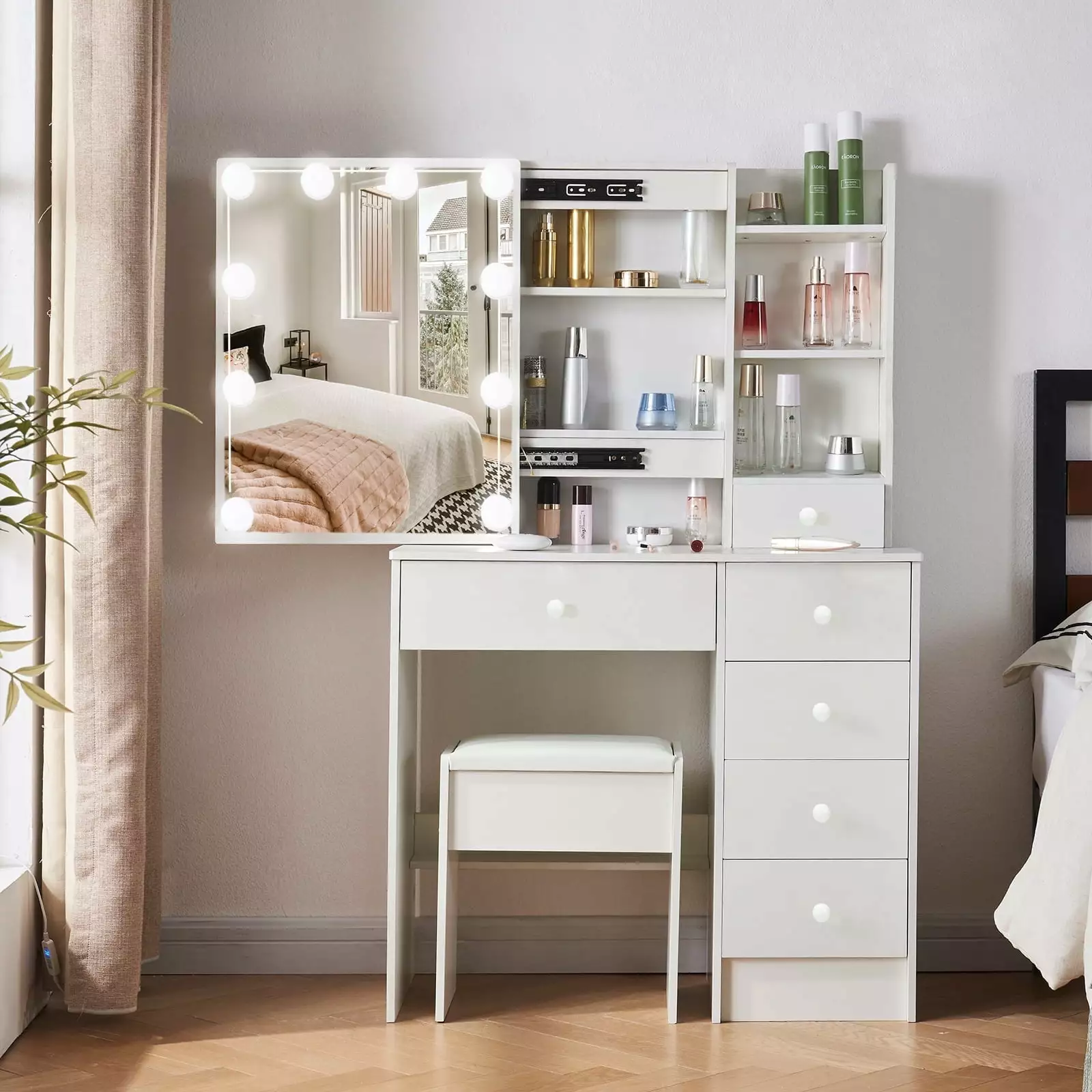 Yamissi Makeup Vanity Desk Mirror and Lights Vanity Set Chair Dressing Table Girls Princess White