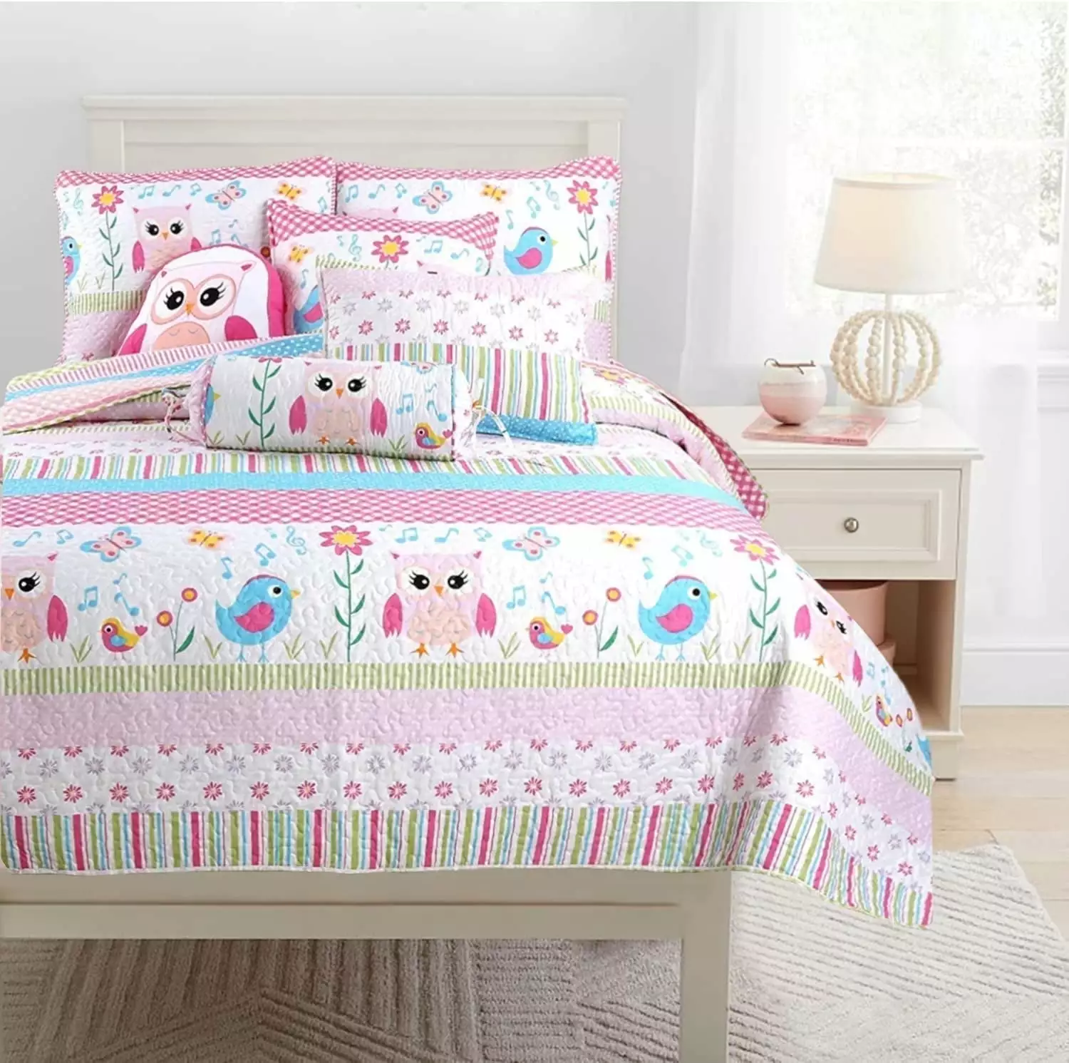 Cozy Line Happy Owl Pink Reversible Quilt Bedding Set - 7 Piece Queen Coverlet Shams & Pillows Girls Cozy Line Home Fashions