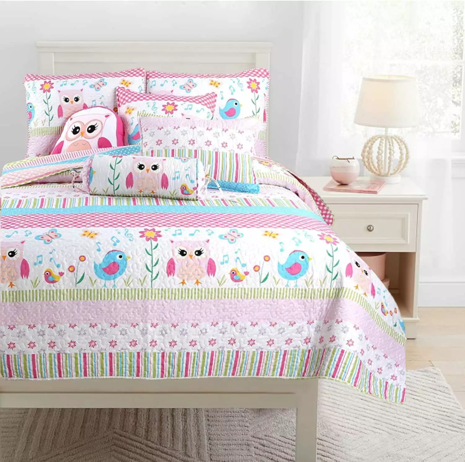Cozy Line Happy Owl Pink Reversible Quilt Bedding Set - 3 Piece Queen Coverlet Girls Cozy Line Home Fashions