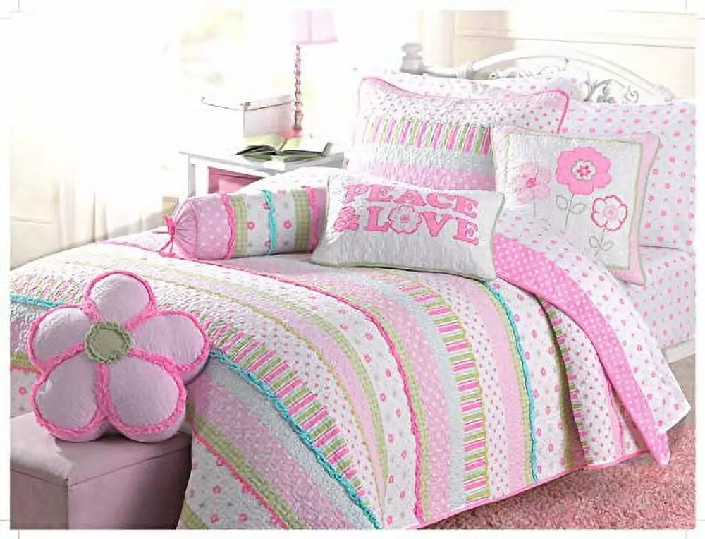 Cozy Line Pink Greta Polka Dot Flower Stripe Reversible Quilt Bedding Set - 3 Piece Queen Cozy Line Home Fashions